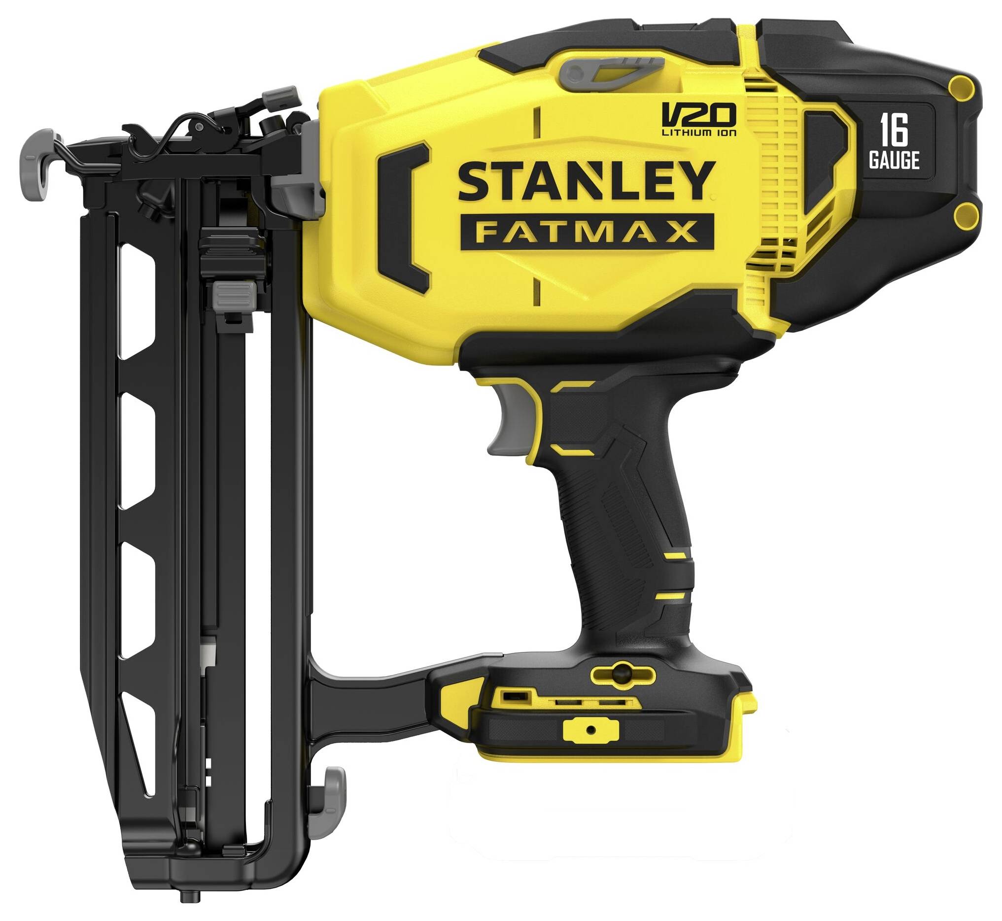 Gelb-schwarzes Stanley Fatmax V20 kabelloses Nagelpistole mit 16er-Kapazität, für Bauzwecke konzipiert.