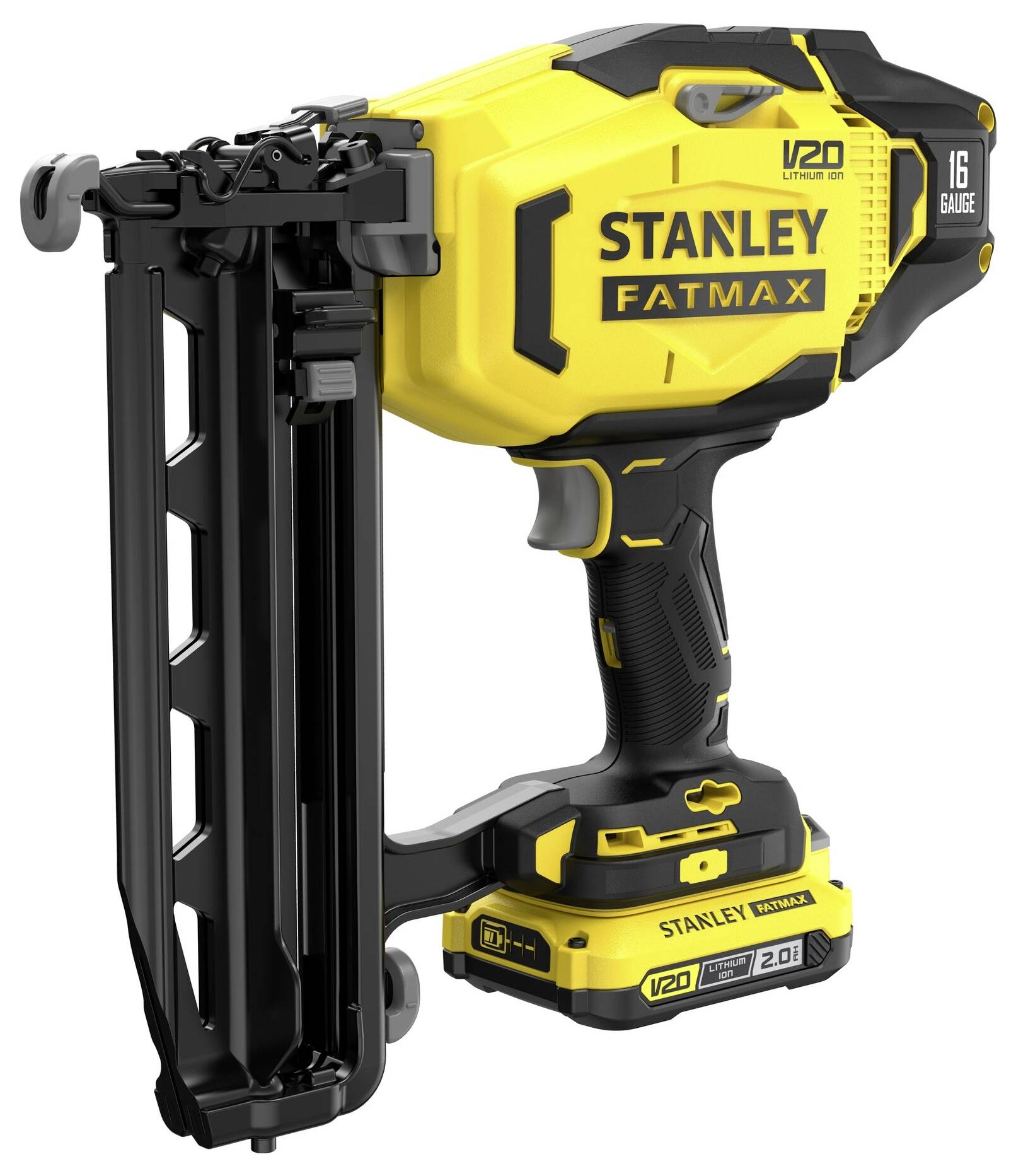 Eine gelbe und schwarze kabellose Nagelmaschine mit der Bezeichnung „Stanley Fatmax V20
