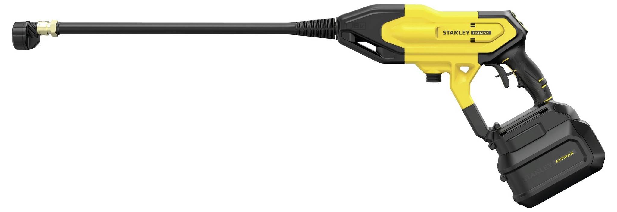 Stanley Fatmax kabelloses Hochdruckreinigungsgerät mit gelb-schwarzem Design. Lange Düse und kompakter Körper für einfache Handhabung und Mobilität.