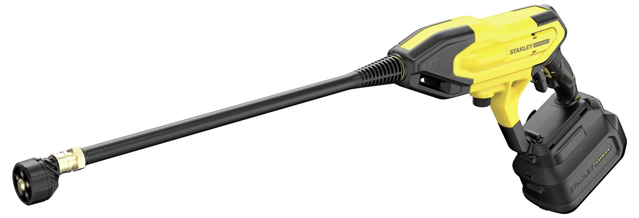 Tragbarer gelb-schwarzer Hochdruckreiniger mit langer Düse, entwickelt für Reinigungsanwendungen, vor weißem Hintergrund.