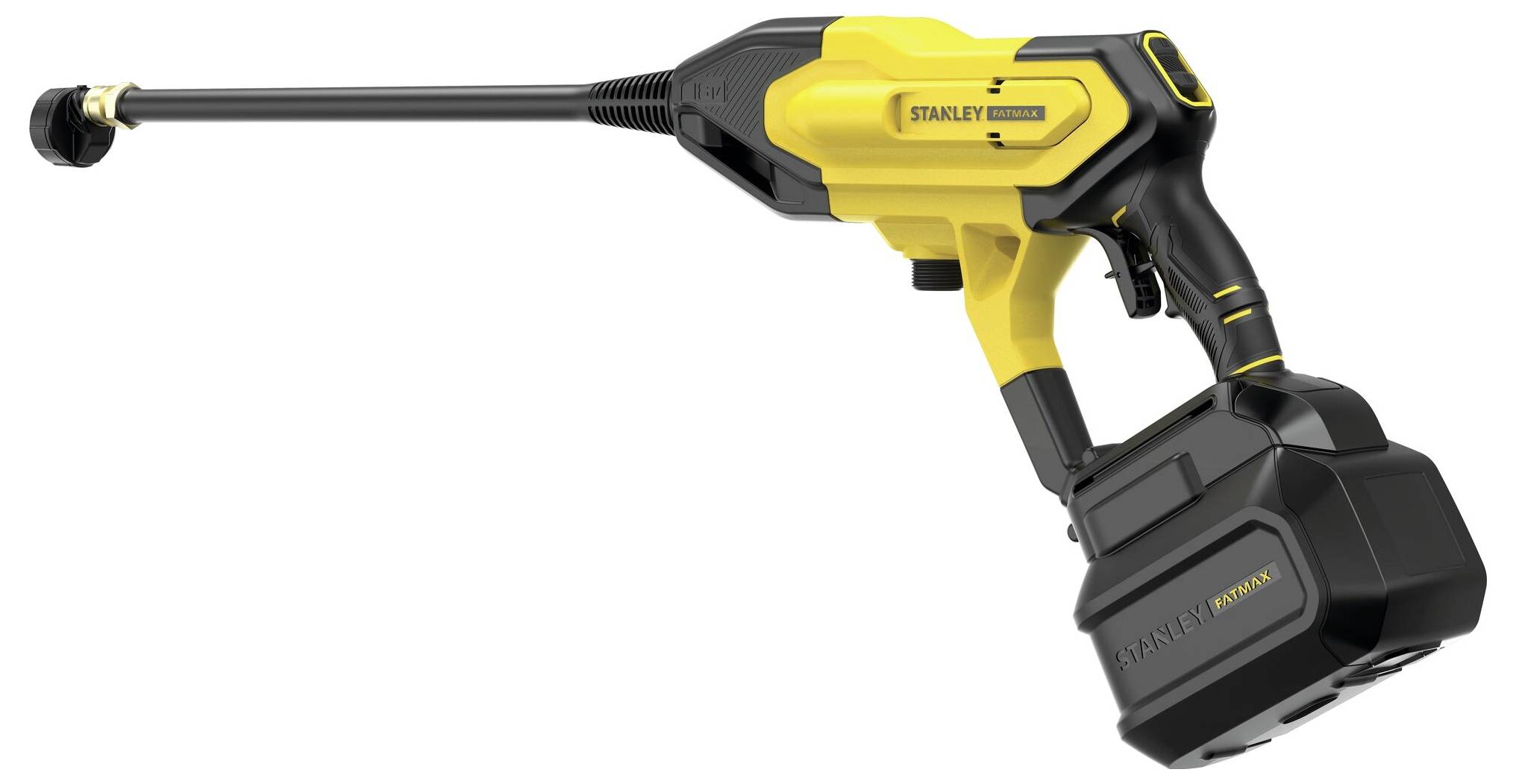 Gelb-schwarzer schnurloses Stanley-Hochdruckreinigungsgerät, nach links geneigt, zeigt seine verlängerte Düse und das Akku-Set gegen einen einfachen Hintergrund.