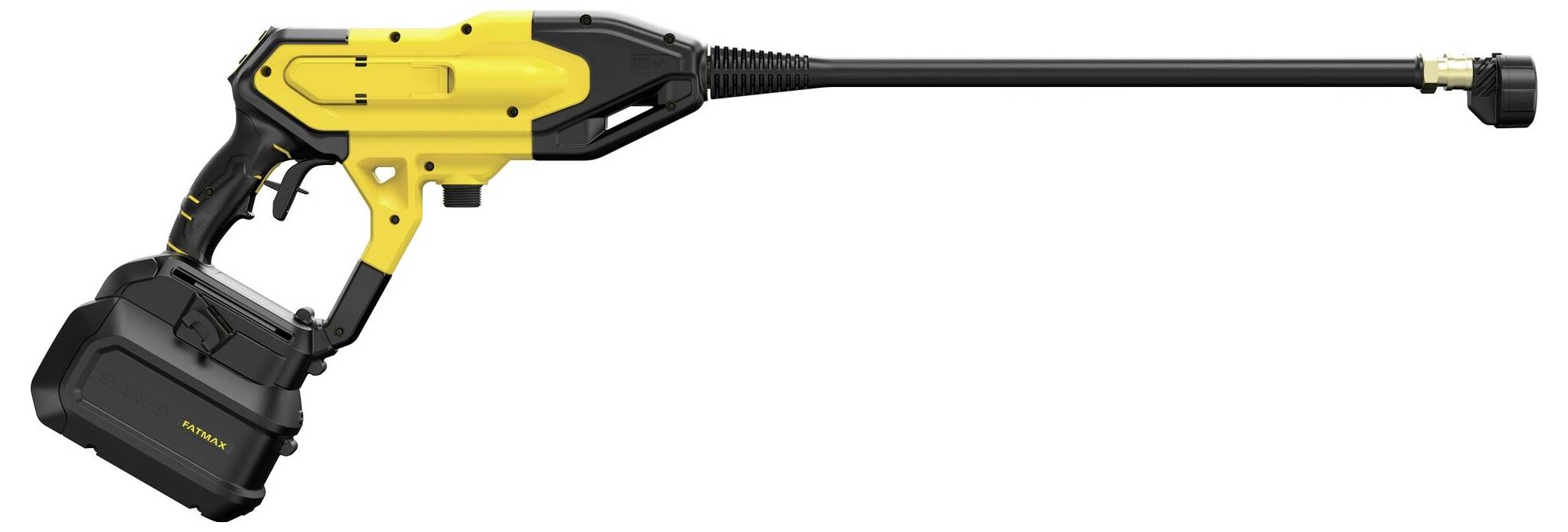 Ein gelber und schwarzer elektrischer Hochdruckreiniger mit langem Düsenaufsatz. Das Design ist elegant und modern und eignet sich hervorragend für Reinigungsaufgaben.
