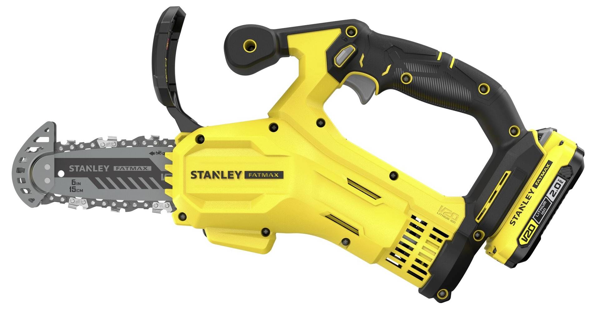 Eine gelbe und schwarze Stanley Fatmax Kettensäge mit kompaktem Design, ausgestattet mit einem Akku, ergonomischem Griff und Sicherheitsfunktionen.