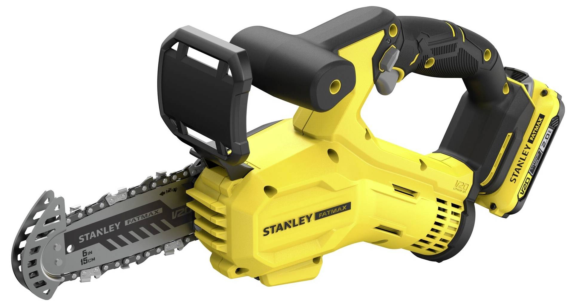 Eine gelb-schwarze Stanley Akku-Mini-Kettensäge, entwickelt für einfache Handhabung und effizientes Schneiden von kleinen Bäumen. Sie ist mit einer Sicherheitsvorrichtung ausgestattet.