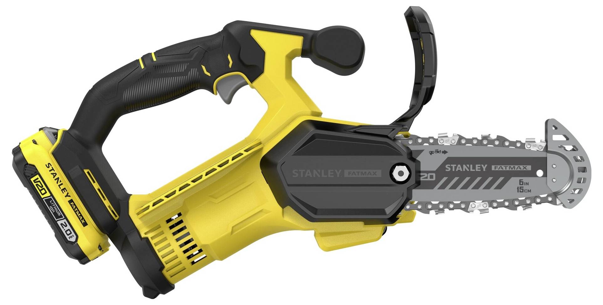 Eine gelb-schwarze kabellose Mini-Kettensäge mit kompaktem Design und ergonomischem Griff, geeignet für kleine Schneidaufgaben.