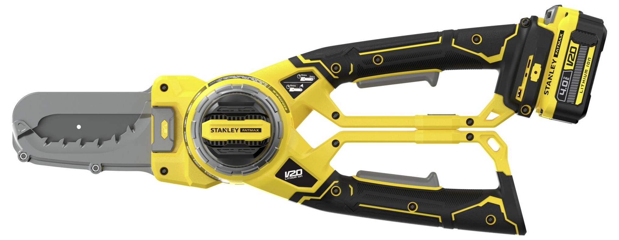 Ein leuchtend gelbes und schwarzes tragbares Gartenwerkzeug mit einer kreisförmigen Mitte mit der Aufschrift „STANLEY