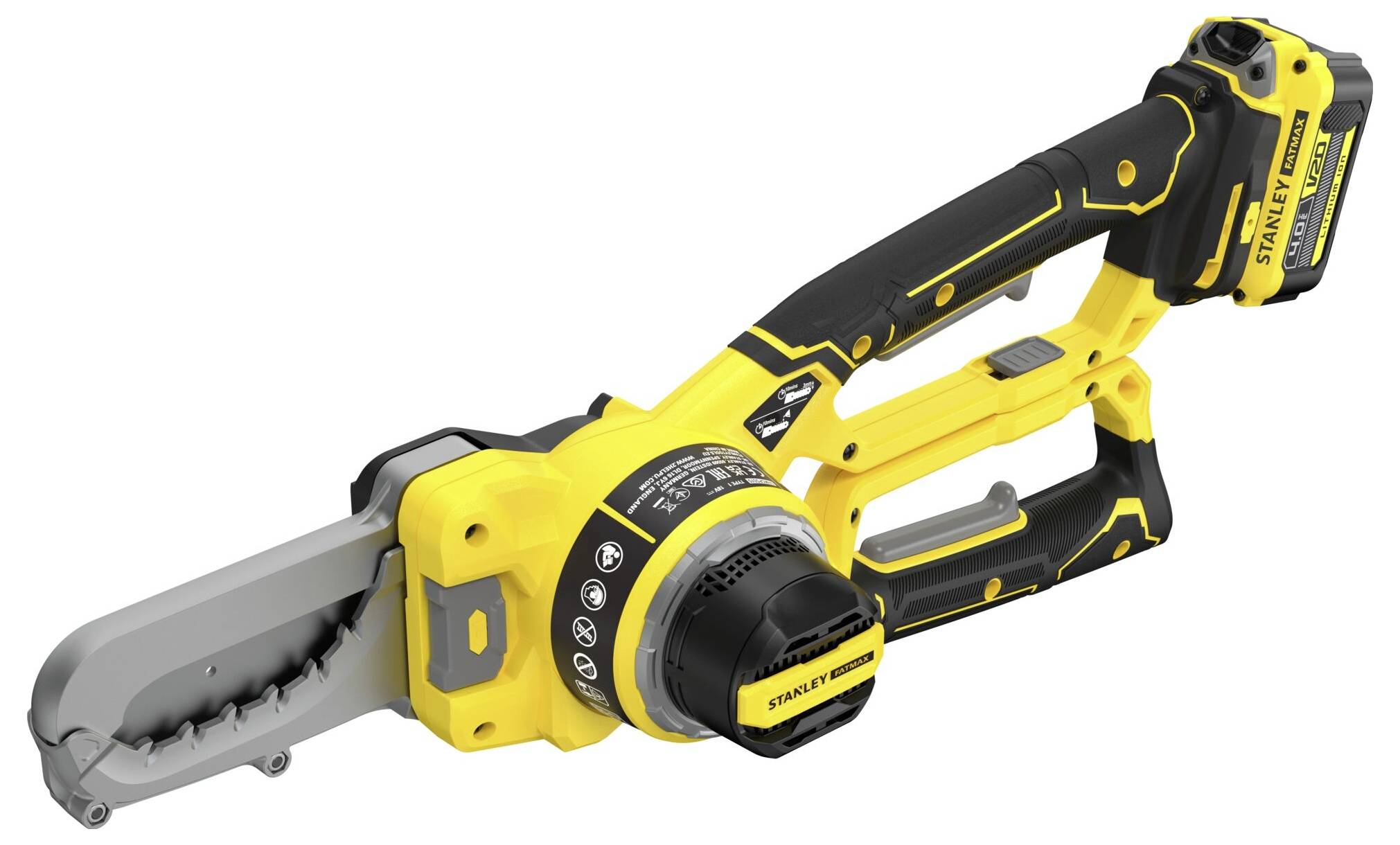 Gelbe und schwarze kabellose Mini-Kettensäge mit Seitenhiff und Auslöser. Mit Sicherheitsetiketten und wiederaufladbarem Akku.