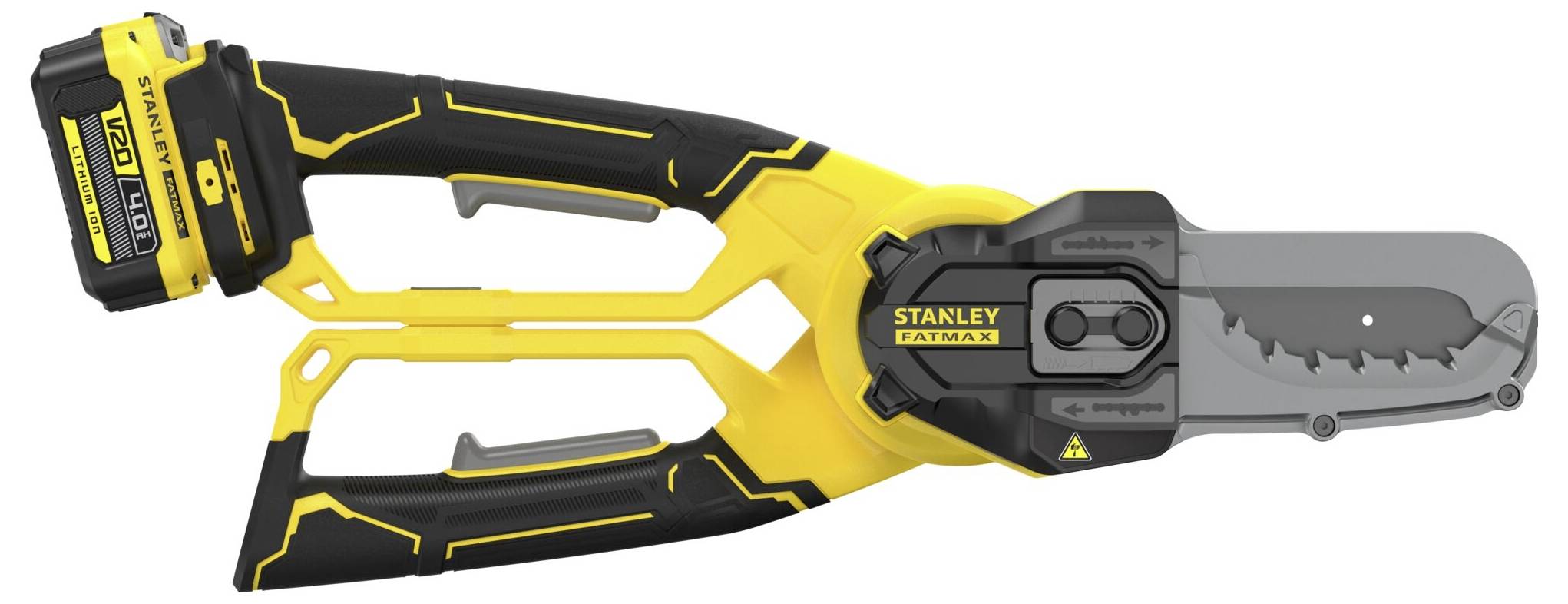 Eine gelb-schwarze, batteriebetriebene Mini-Kettensäge mit scharfer Klinge, mit der Bezeichnung 'Stanley Fatmax', konzipiert für präzise Schneidarbeiten.