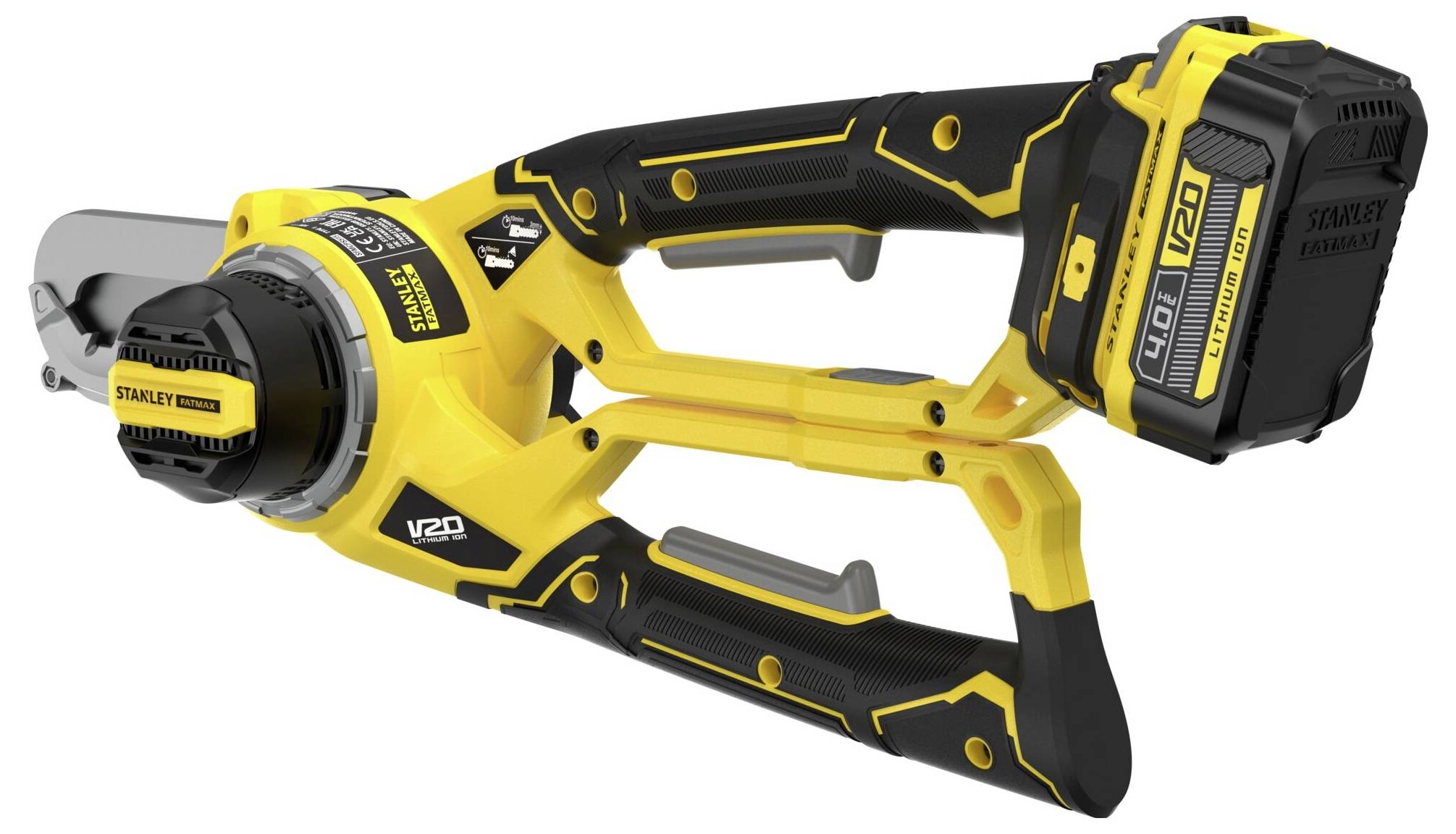 Gelbe und schwarze kabellose Astsäge mit wiederaufladbarem Akku, mit dem Label „Stanley Fatmax V20