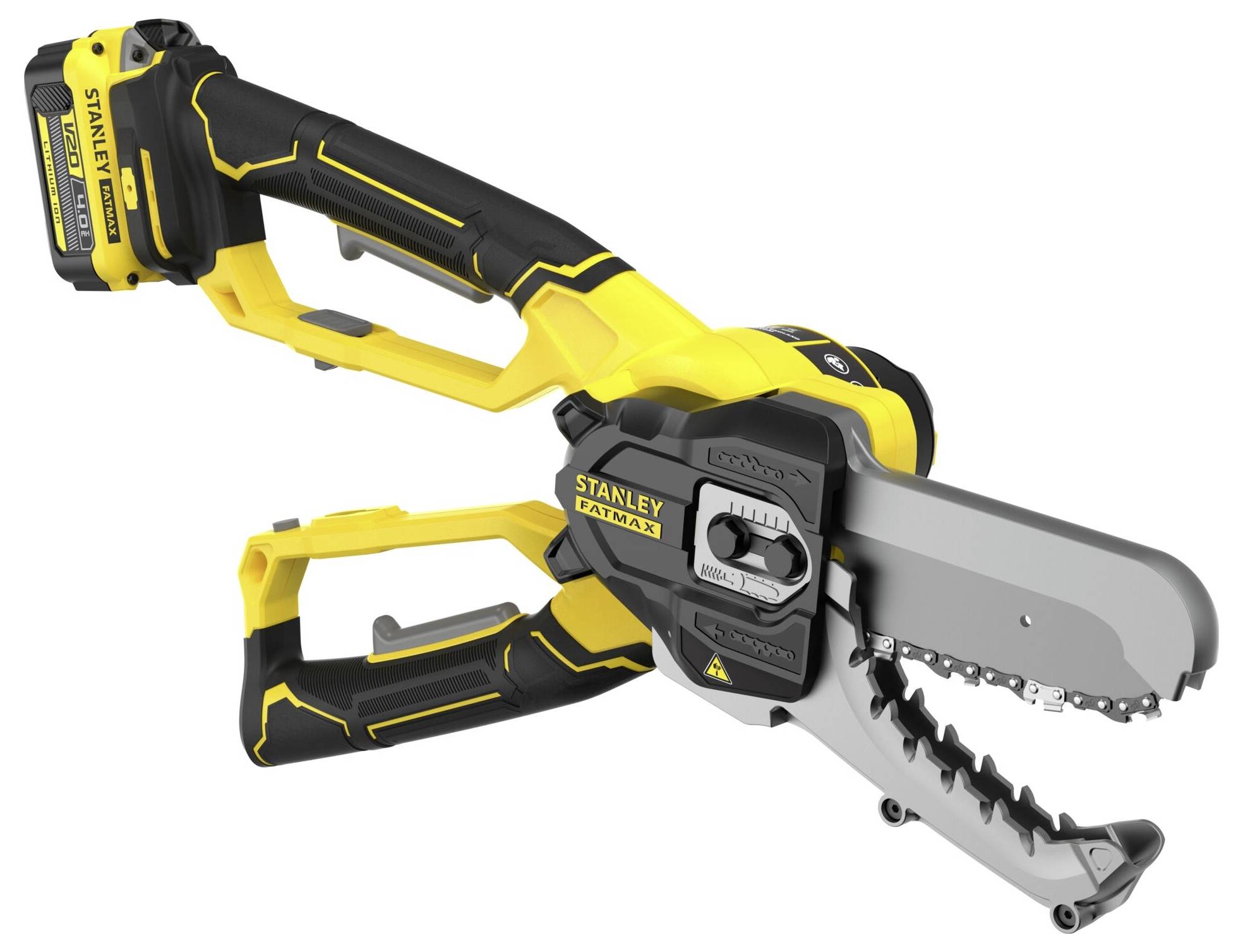 Eine gelb-schwarze tragbare Kettensäge mit kompaktem Design, ausgestattet mit wiederaufladbarem Akku und ergonomischen Griffen.