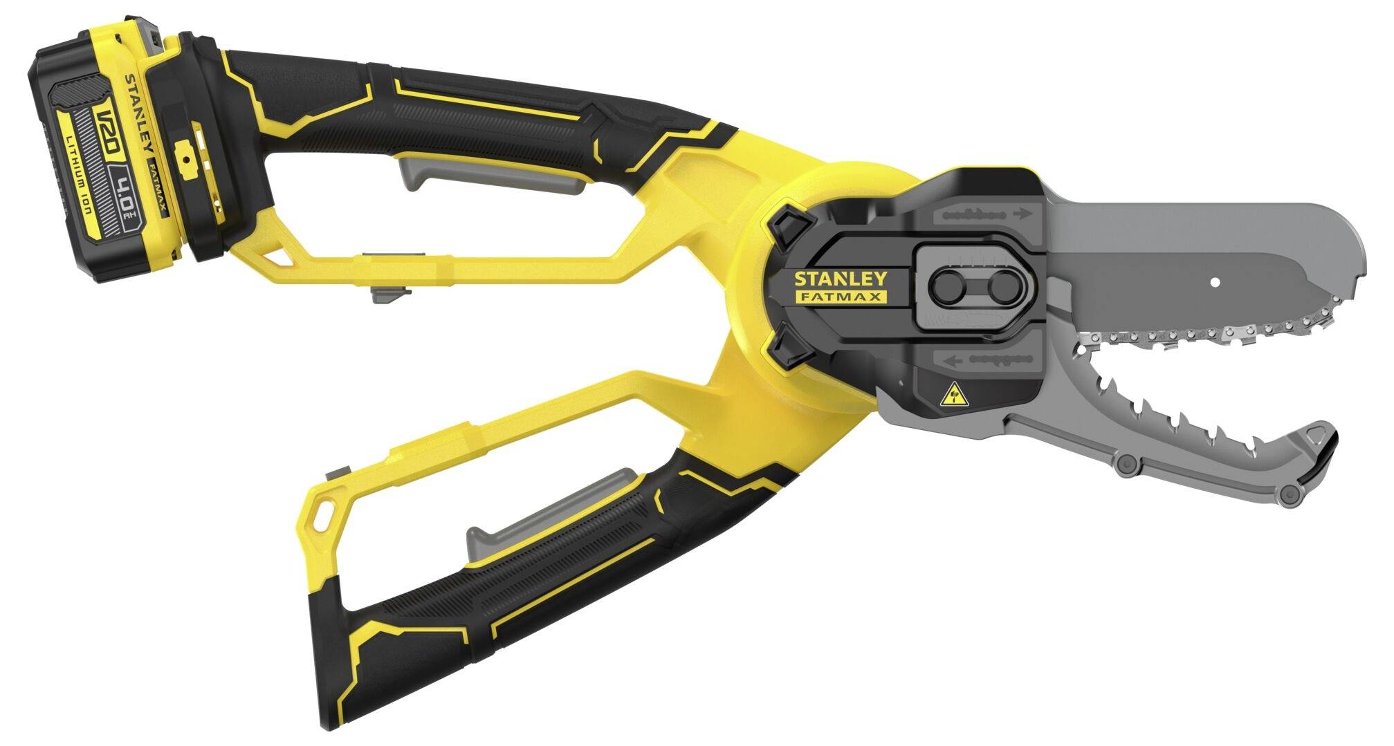 Stanley FatMax Kettensägen-Astschere mit gelb-schwarzem Design, ausgestattet mit einer Kettenschneide zum Schneiden und einem Akku für den kabellosen Betrieb.