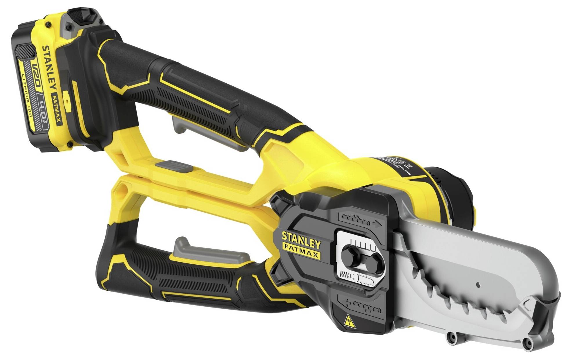 Eine gelb-schwarze kabellose Elektro-Astsäge mit kompaktem Design, auf der Seite die Markenbezeichnung und Batteriedetails angezeigt.