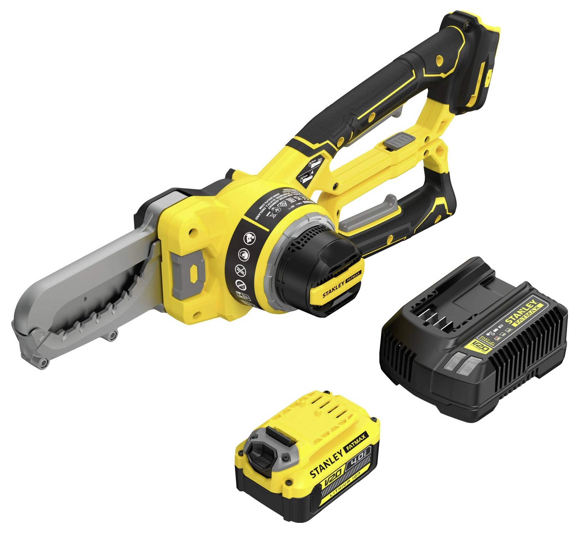 Gelbe und schwarze kabellose Mini-Kettensäge mit Akku und Ladegerät. Verfügt über ein kompaktes Design mit Schutzhandschutz.