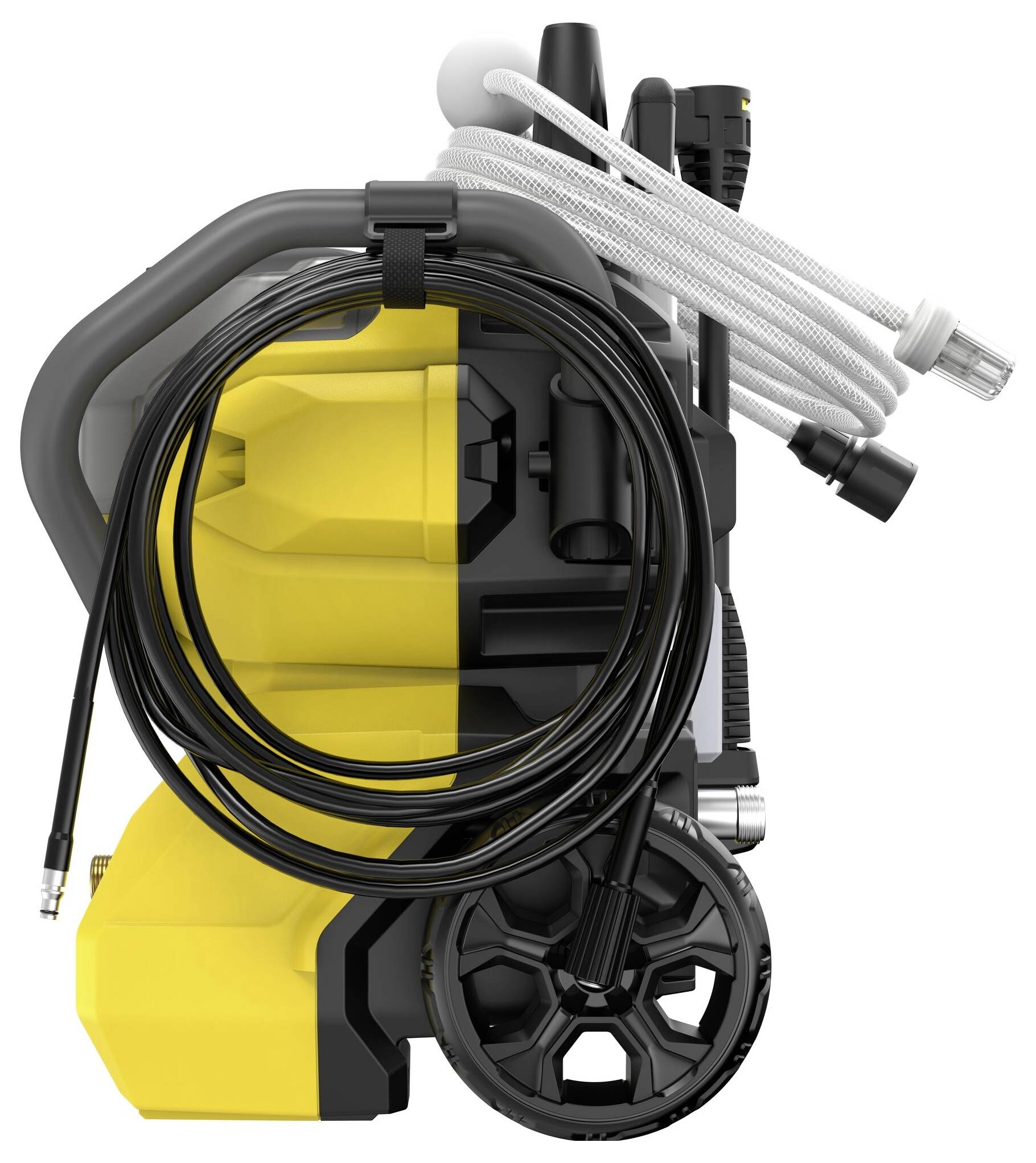 Ein kompakter, tragbarer Hochdruckreiniger mit gelbem Gehäuse, schwarzen Rädern und ordentlich aufgerollten Schläuchen an der Seite, konzipiert für einfache Lagerung.