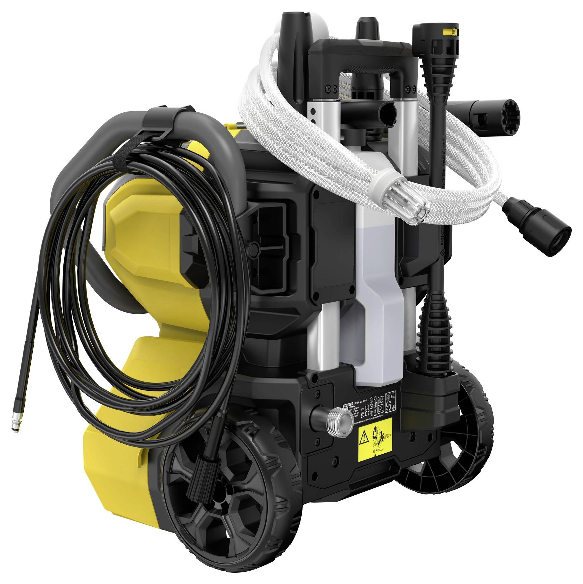 Tragbarer Hochdruckreiniger in Gelb und Schwarz mit Rädern und aufgerolltem Schlauch, von hinten gesehen. Entwickelt für einfachen Transport und Verwendung.