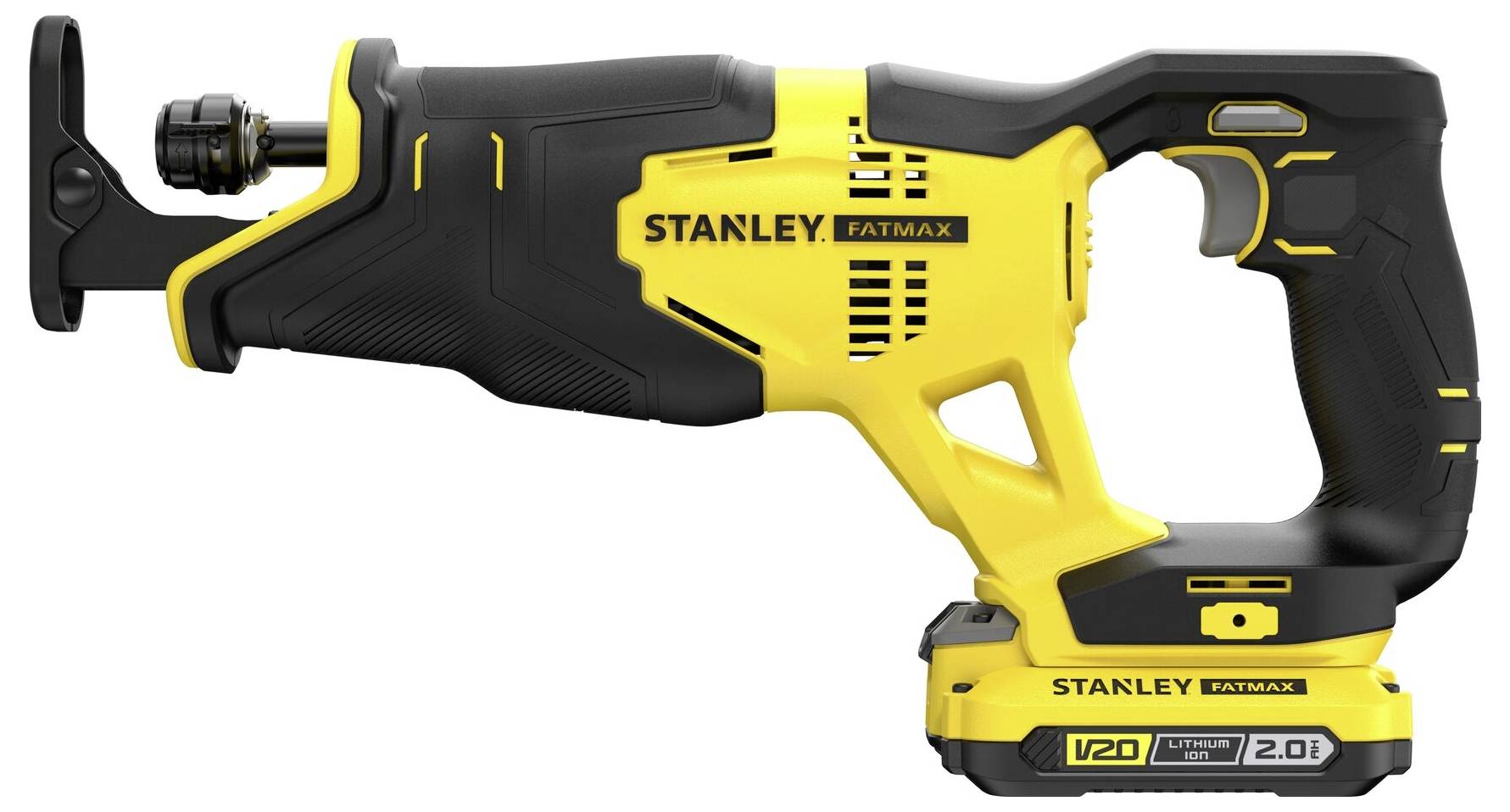 Eine gelbe und schwarze Stanley Fatmax V20 Lithium-Ionen-Säbelsäge mit einem 2,0-Ah-Akku, die ihren ergonomischen Griff und die Sägeblatthalterung zeigt.