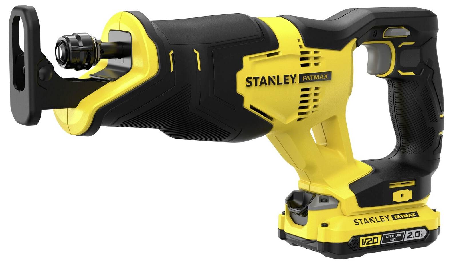 Eine gelbe und schwarze Stanley FatMax kabellose Säbelsäge mit ergonomischem Griff und Lithium-Ionen-Akku an der Basis.