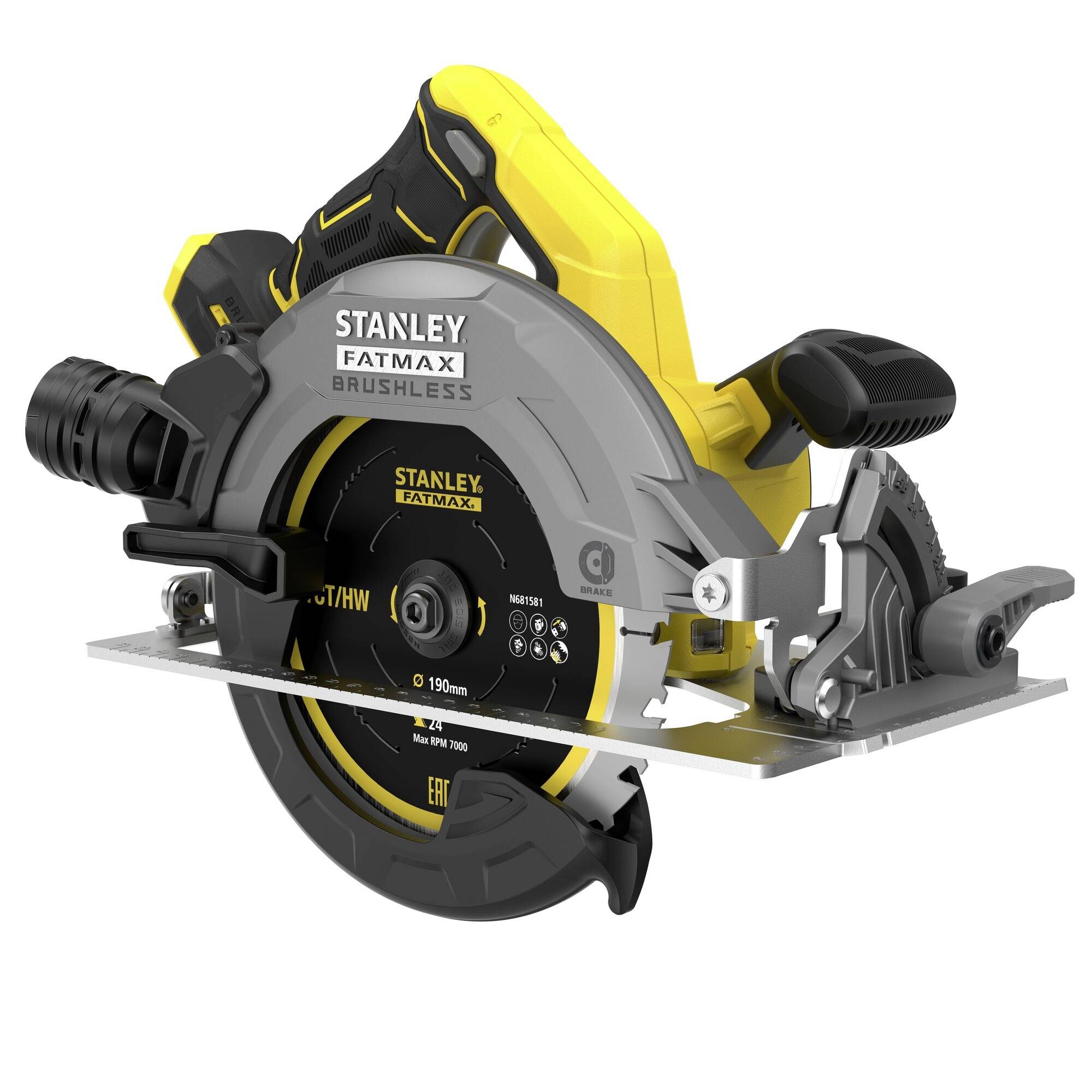 Eine Stanley Fatmax bürstenlose Kreissäge mit gelbem und schwarzem Design, mit einem 190-mm-Blatt, ergonomischem Griff und Schnittführungsschiene.