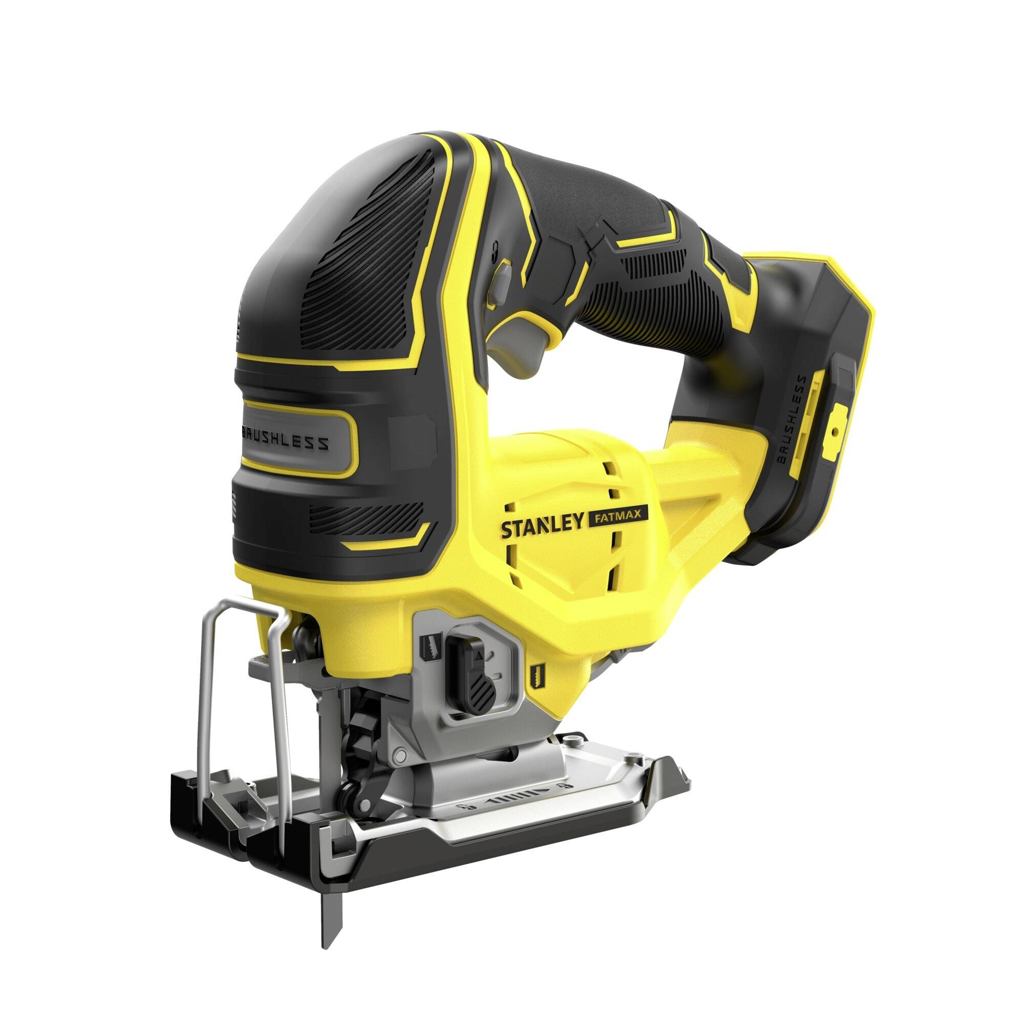 Eine kabellose Stichsäge mit schwarzem und gelbem Design, mit ergonomischem Griff und Grundplatte, gekennzeichnet mit 