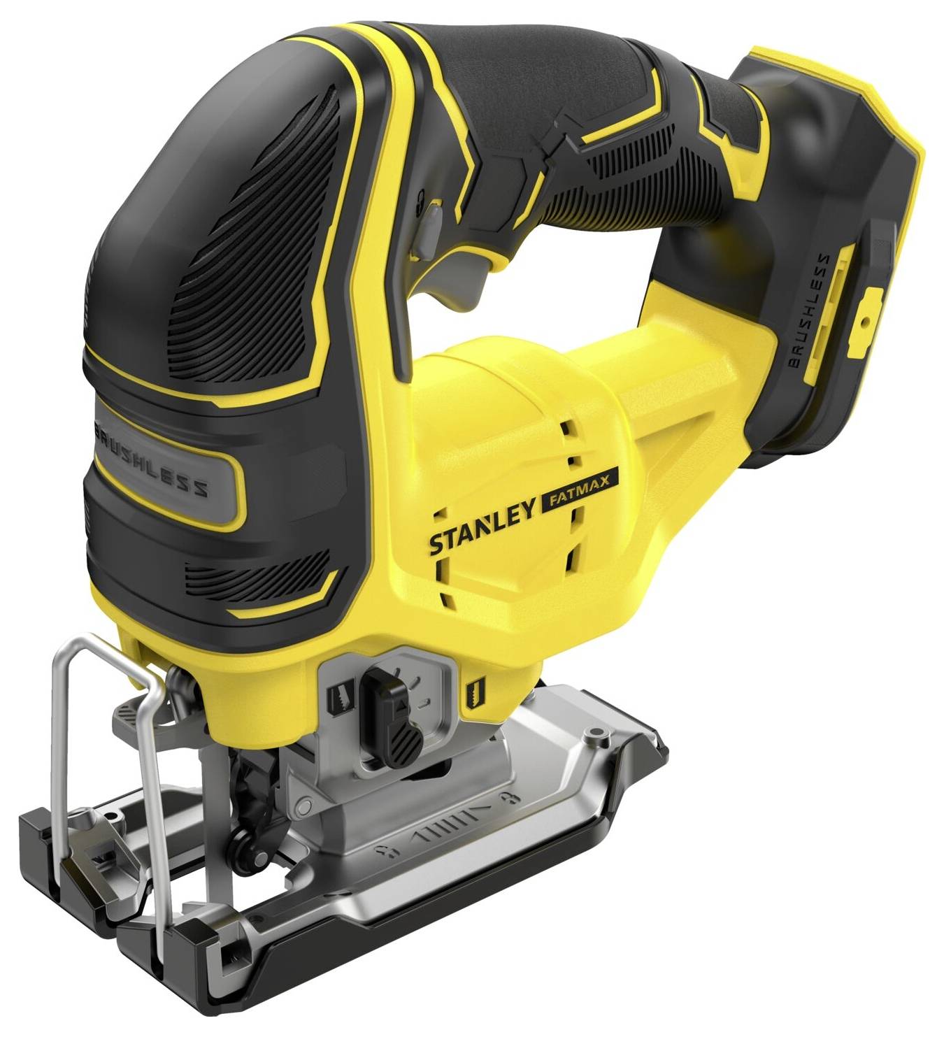 Eine gelbe und schwarze kabellose Stichsäge mit bürstenlosem Motor, ausgestattet mit einem Griffgriff und gekennzeichnet mit 'Stanley FatMax'.