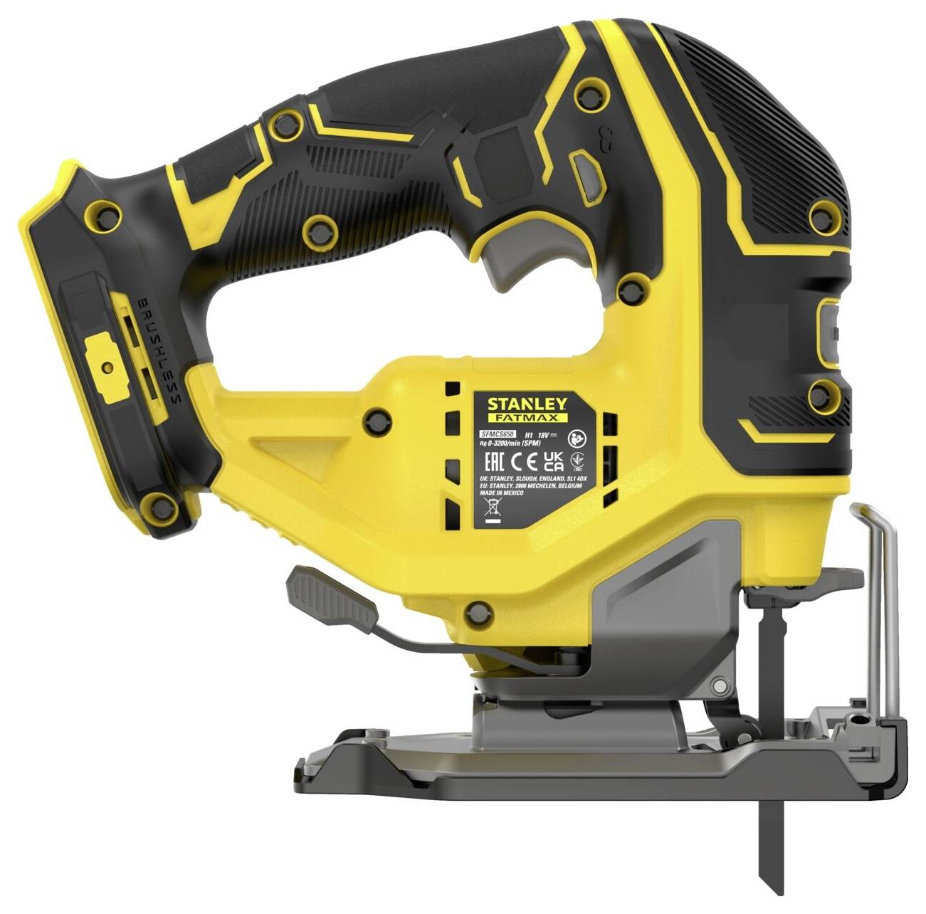 Eine kabellose Stichsäge mit schwarzem und gelbem Design, mit einem gekrümmten Griff und einer sichtbaren Klinge im unteren Teil, positioniert zum Schneiden.