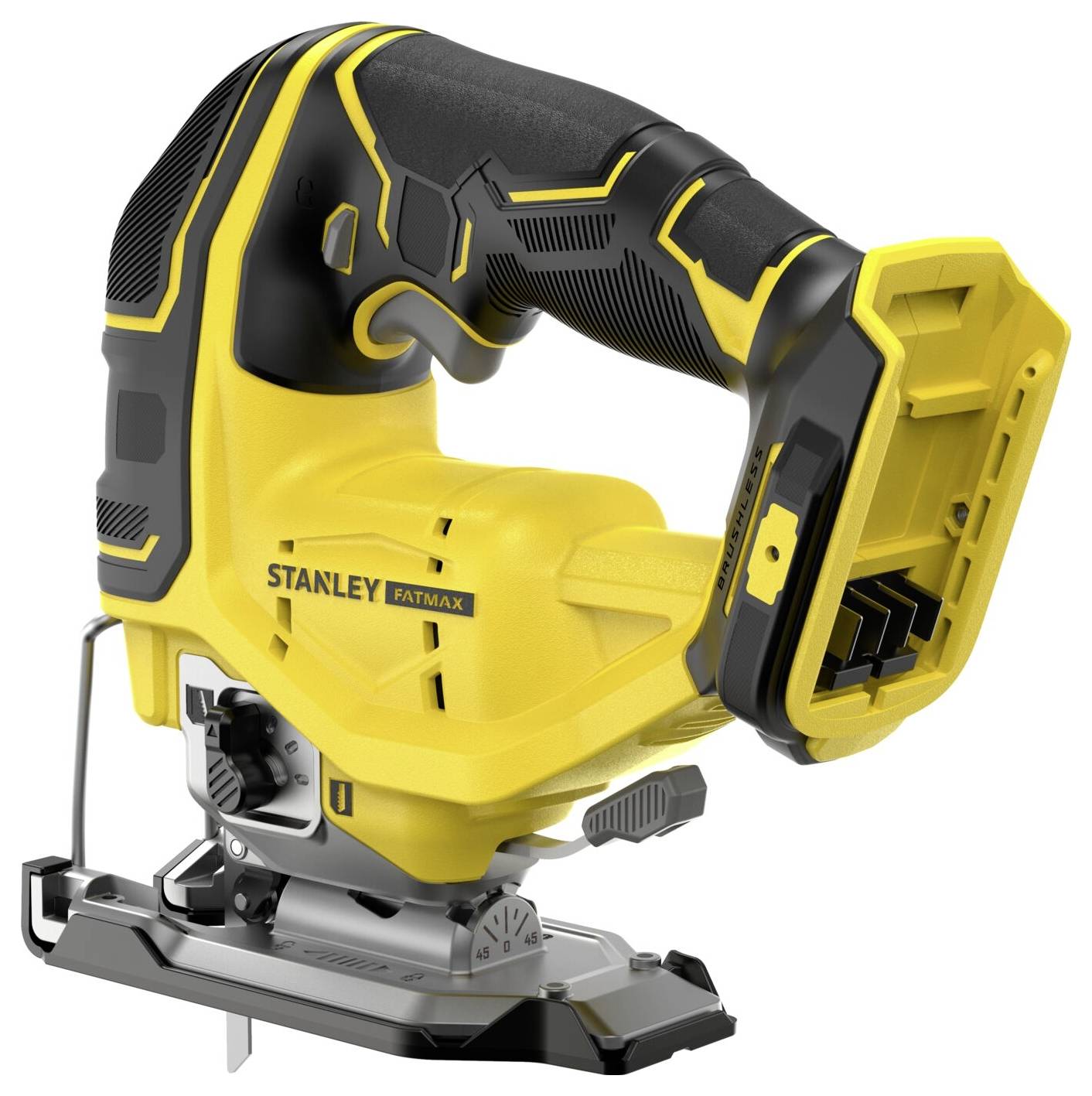 Eine gelb-schwarze Elektrostichsäge mit der Bezeichnung „Stanley Fatmax