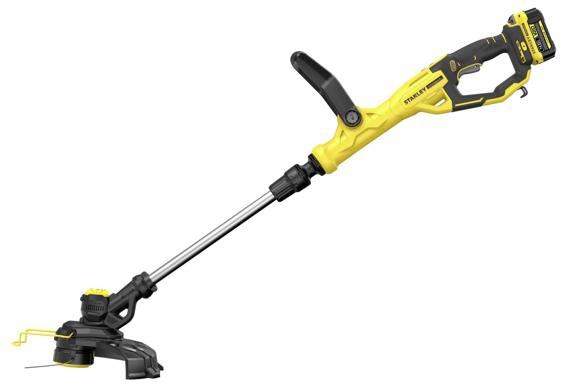 Gelb-schwarzer kabelloses Fadentrimmer mit verstellbarem Griff und angebrachtem Akku, entworfen zum Rasenschneiden.