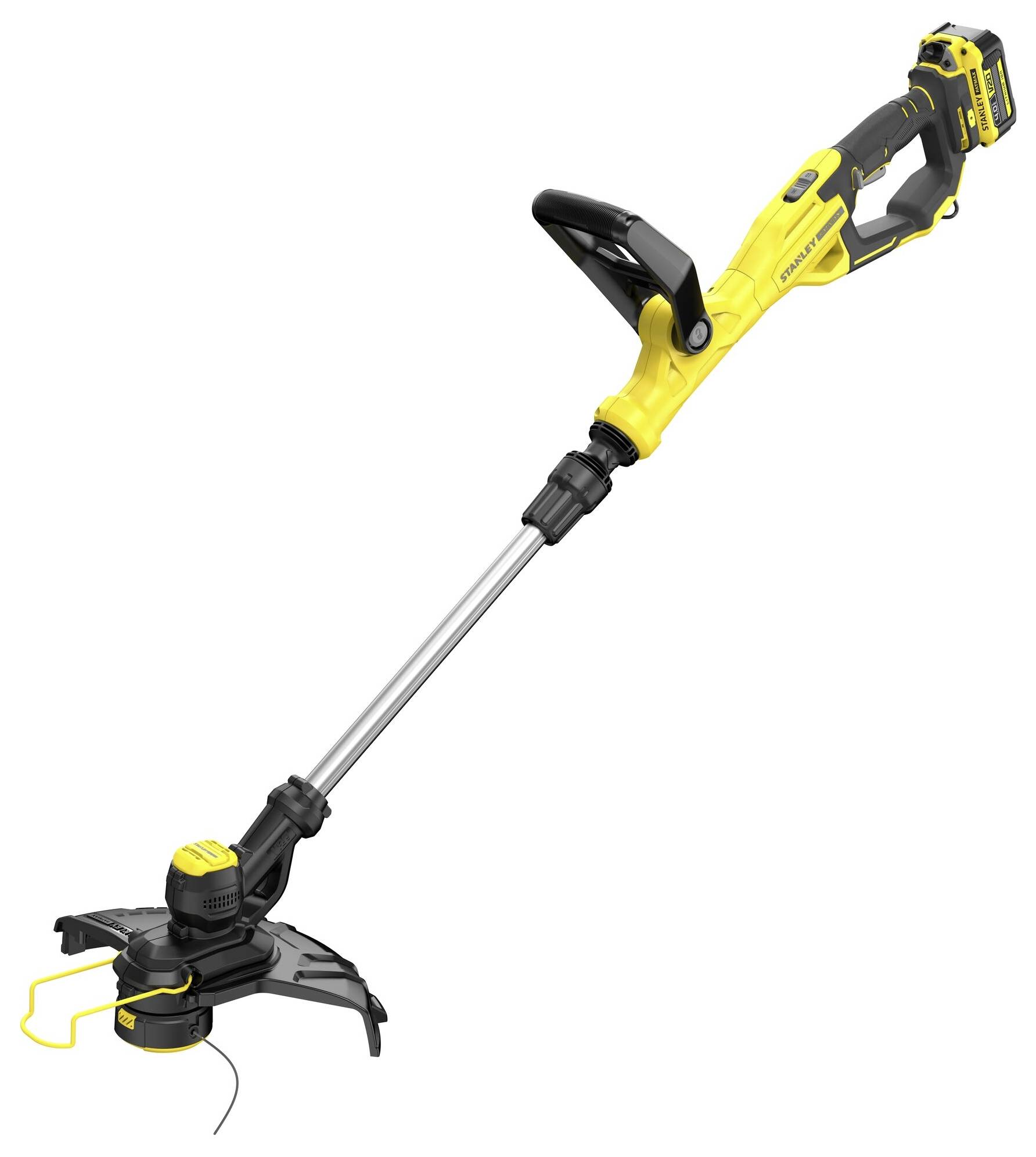 Ein gelb-schwarzer kabelloser Fadentrimmer mit verstellbarem Kopf und Griff, auf dem Marken- und Modelldetails angezeigt werden, konzipiert für die Rasenpflege.