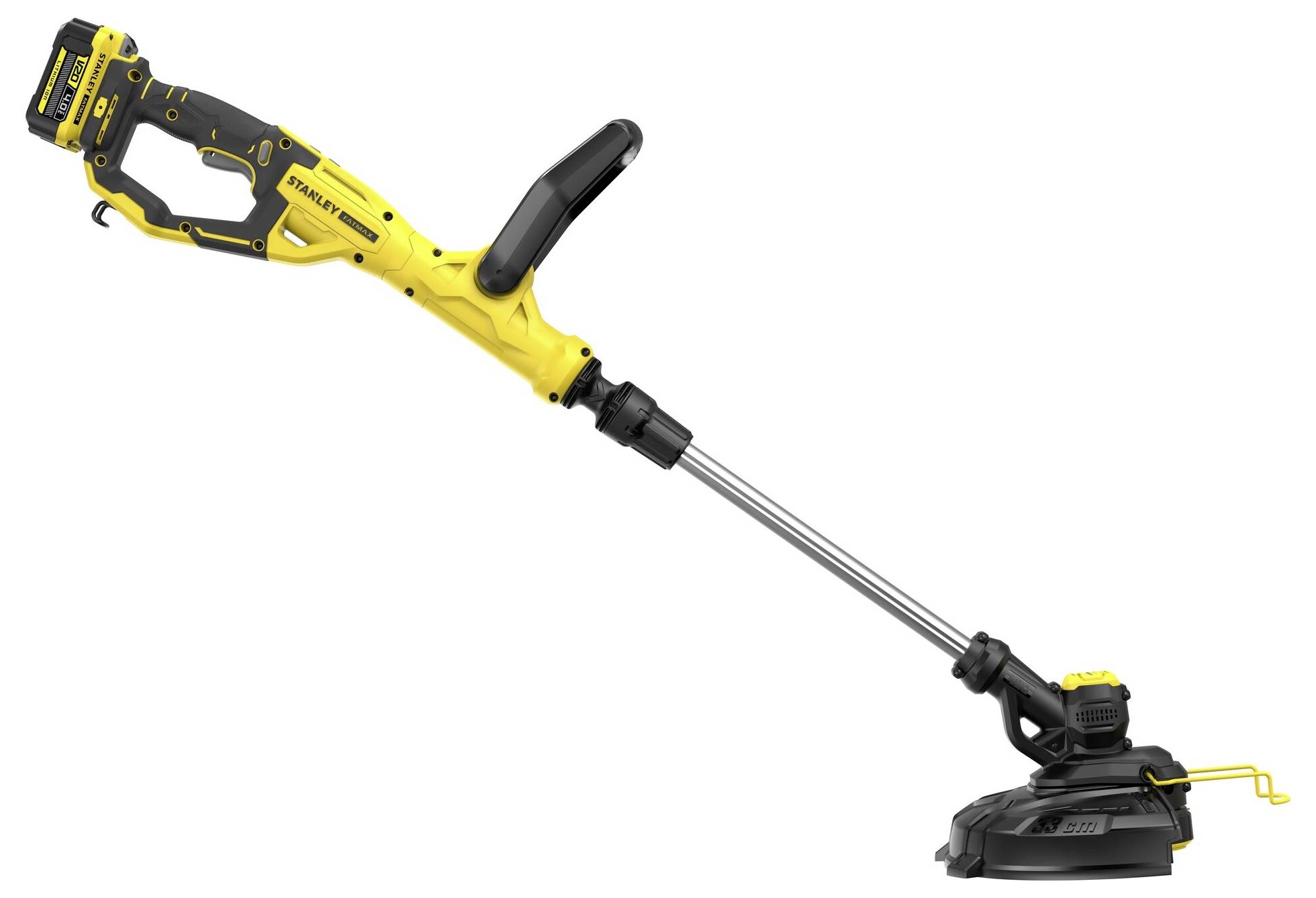 Ein gelber und schwarzer kabelloser Fadentrimmer mit verstellbarem Griff, scharfer Schneidekante und angebrachtem Akku zur Rasenpflege.