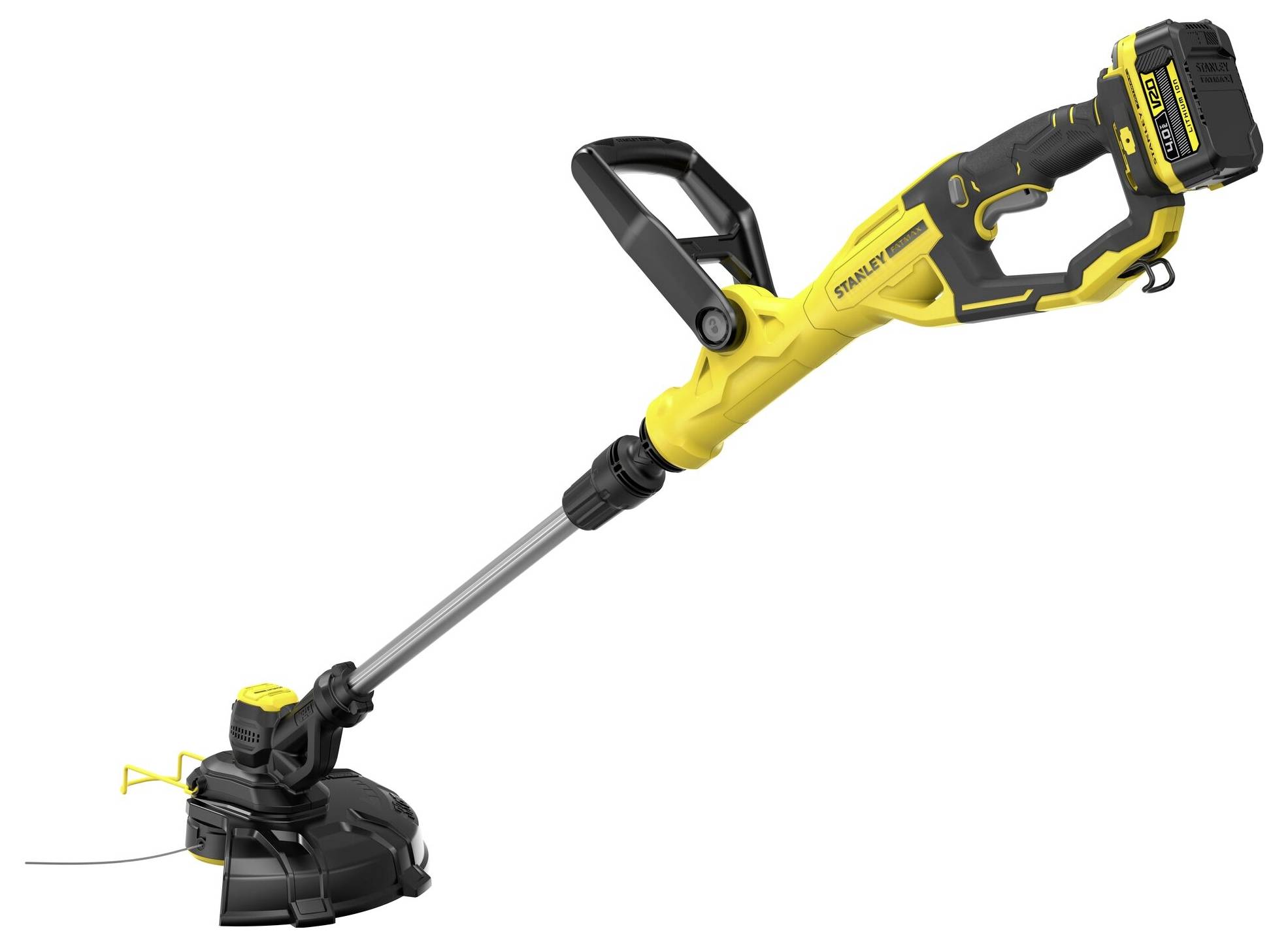 Ein gelber und schwarzer kabelloser Fadentrimmer mit ergonomischem Griff und verstellbarem Schaft, entwickelt zur Rasen- und Gartenpflege.