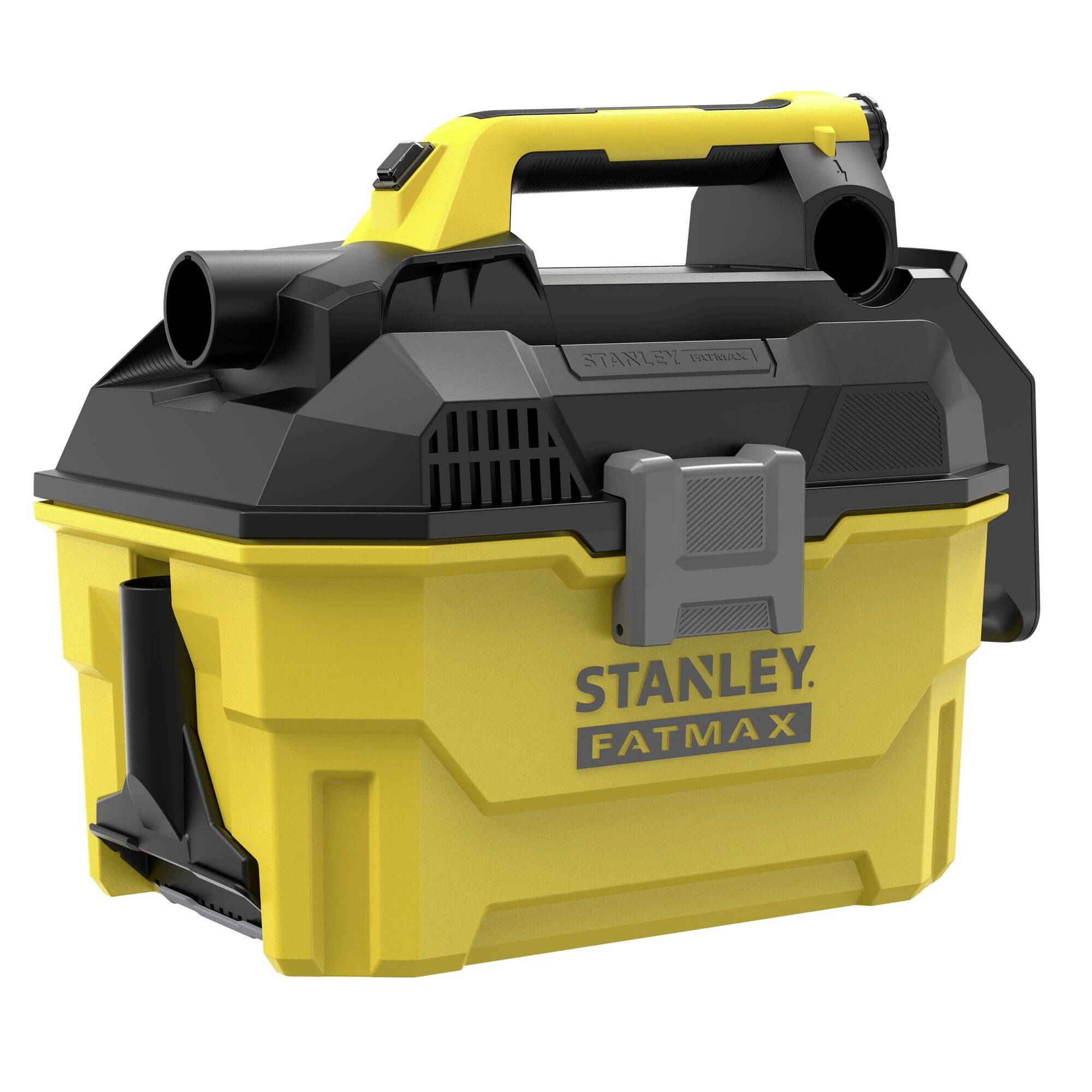Ein gelb-schwarzer Stanley FATMAX Staubsauger mit robustem Griff und kompaktem Design, geeignet für schwere Reinigungsaufgaben.