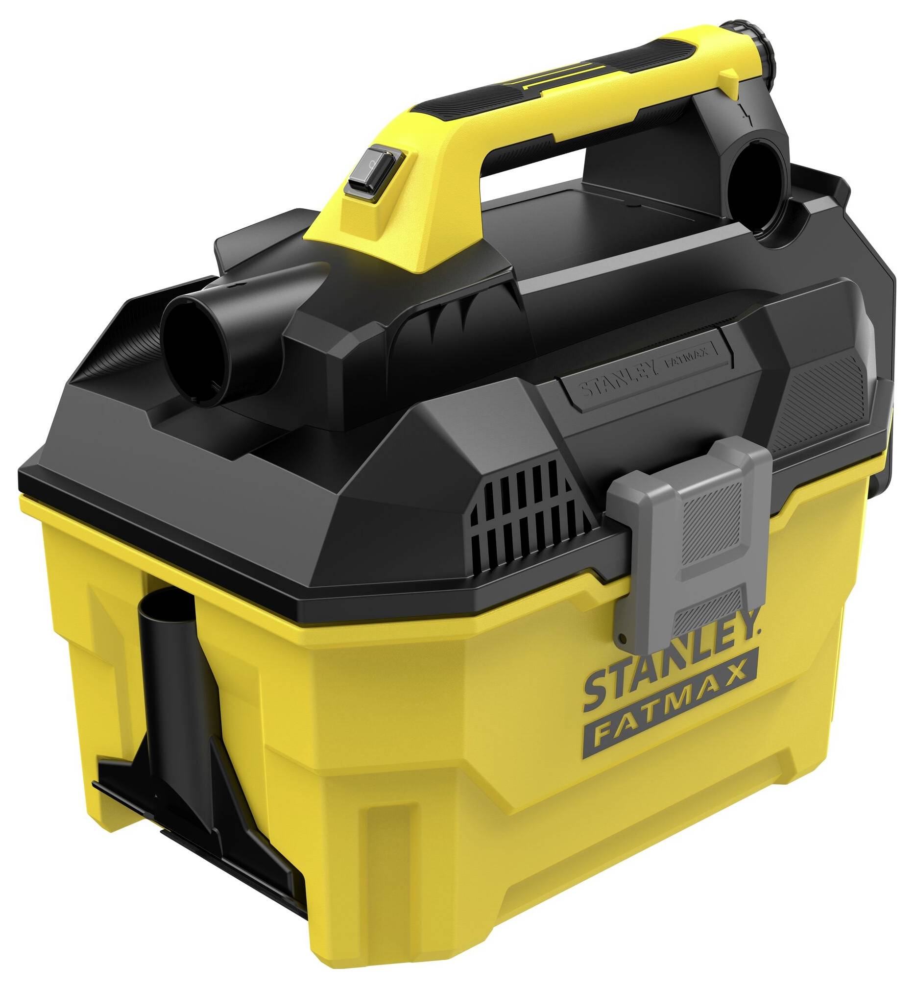Gelb-schwarzer Stanley Fatmax Nass-/Trockensauger mit stabilem Griff und kompaktem Design.