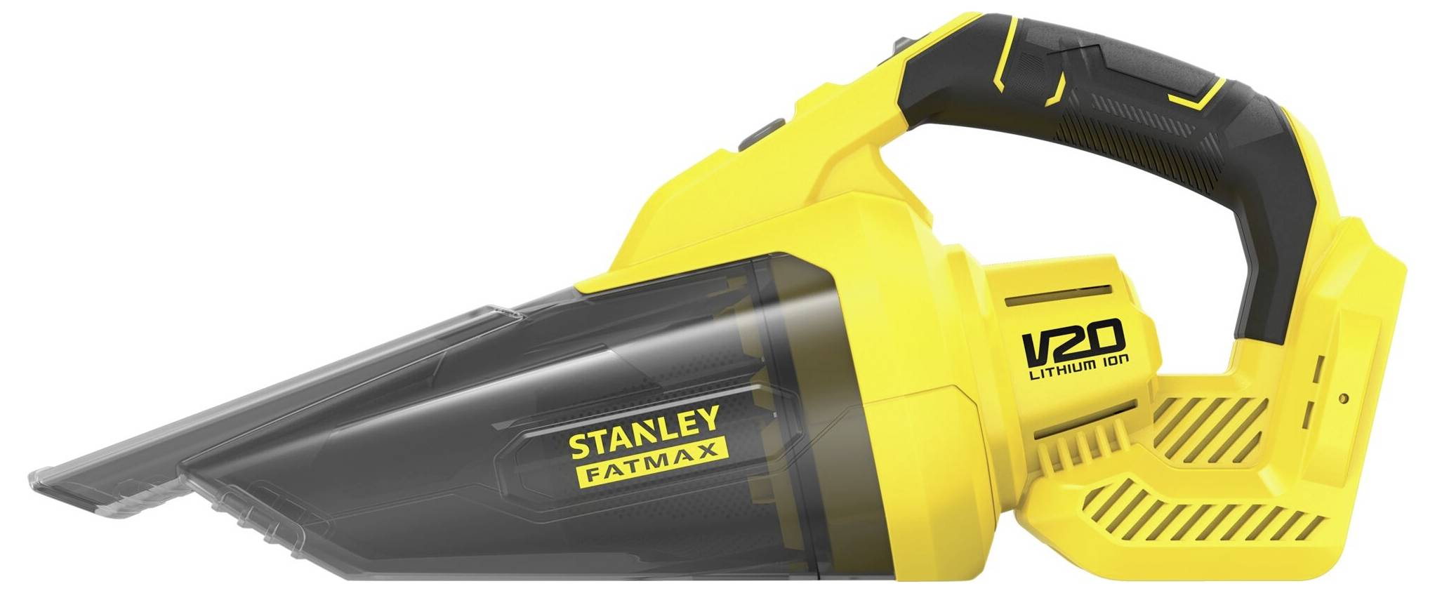 Ein gelb-schwarzer tragbarer Staubsauger mit der Markenbezeichnung „Stanley Fatmax