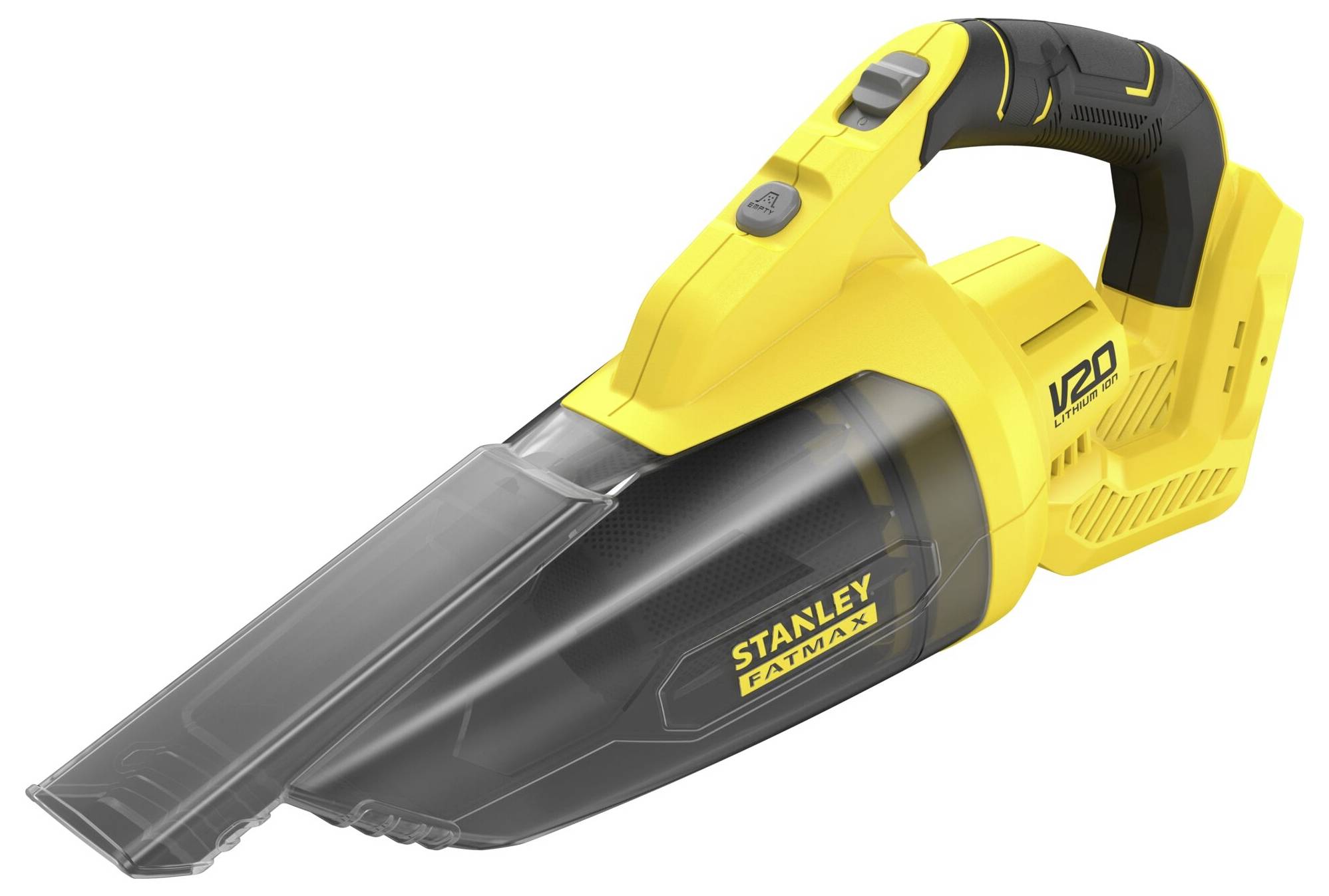 Ein tragbarer Staubsauger in Gelb und Schwarz mit durchsichtigem Aufsatz, Marke „Stanley