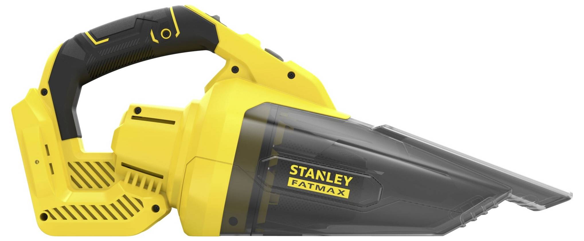 Ein gelb-schwarzer tragbarer Staubsauger mit der Bezeichnung „Stanley Fatmax