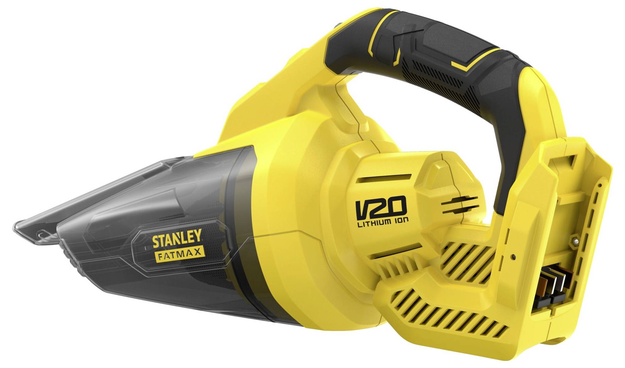 Ein gelb-schwarzer Stanley FatMax V20 Lithium-Ionen-Handstaubsauger mit elegantem Design auf weißem Hintergrund positioniert.
