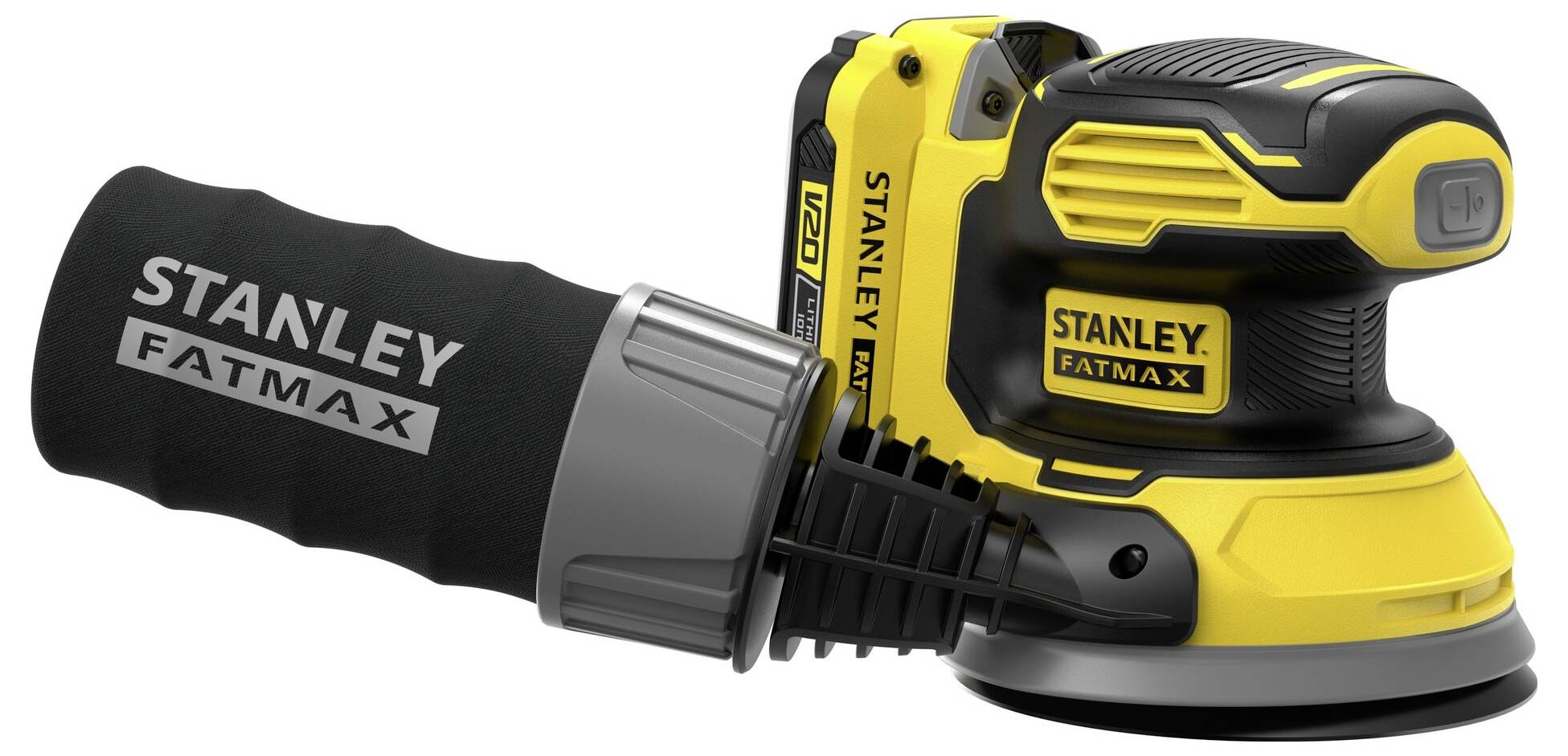 Ein gelb-schwarzer Stanley Fatmax Elektroschleiffer mit Textlogo auf dem Staubsack, konzipiert für effizientes Schleifen von Oberflächen.