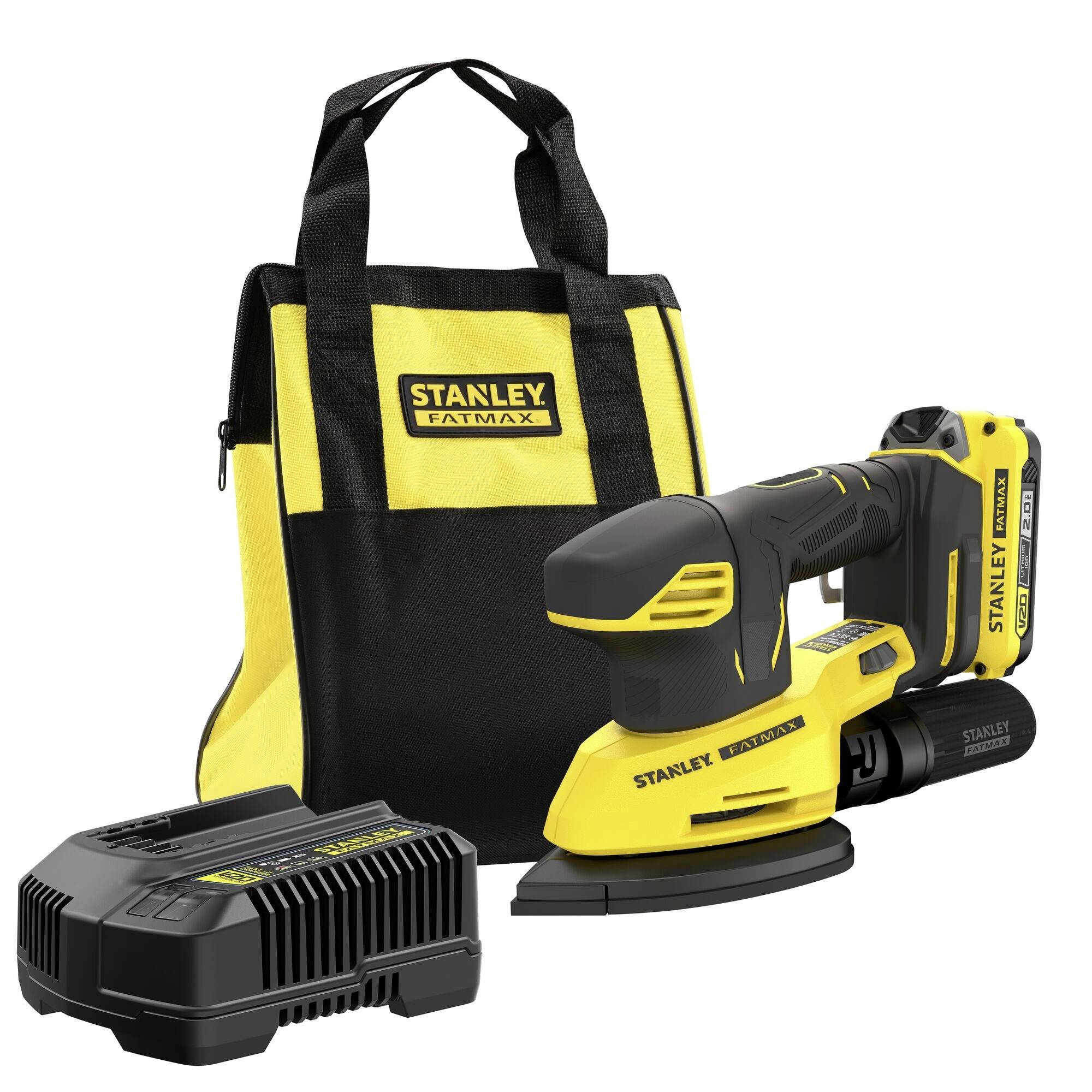 Schleifsatz mit Tasche, Akku und Ladegerät von Stanley FatMax, mit gelbem und schwarzem Design für Holzbearbeitungsaufgaben.