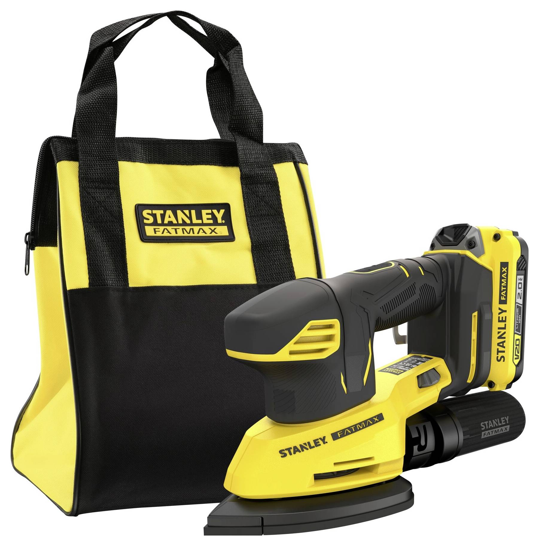 Ein Stanley Fatmax Akku-Schleiffer mit seinem gelb-schwarzen Design, neben einer passenden Tragetasche dargestellt.