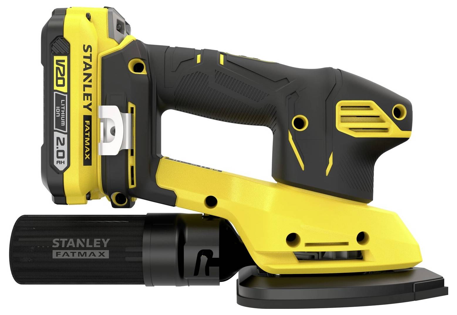 Ein gelber und schwarzer schnurloses Elektroschleifer mit abnehmbarem Staubsammelbeutel.