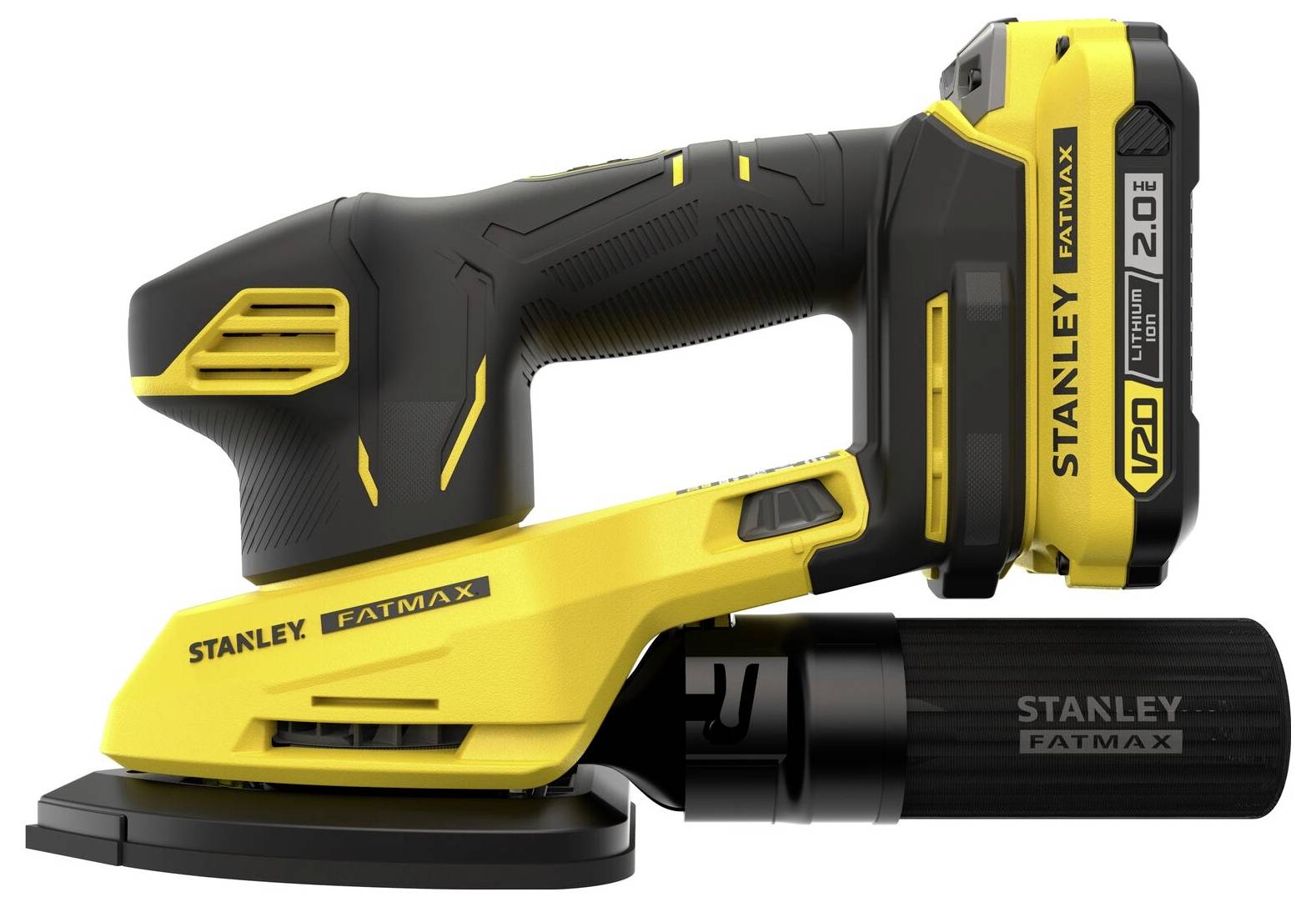 Gelber und schwarzer Stanley Fatmax Akku-Elektroschleiffer mit ergonomischem Griff und Staubsammelzylinder.