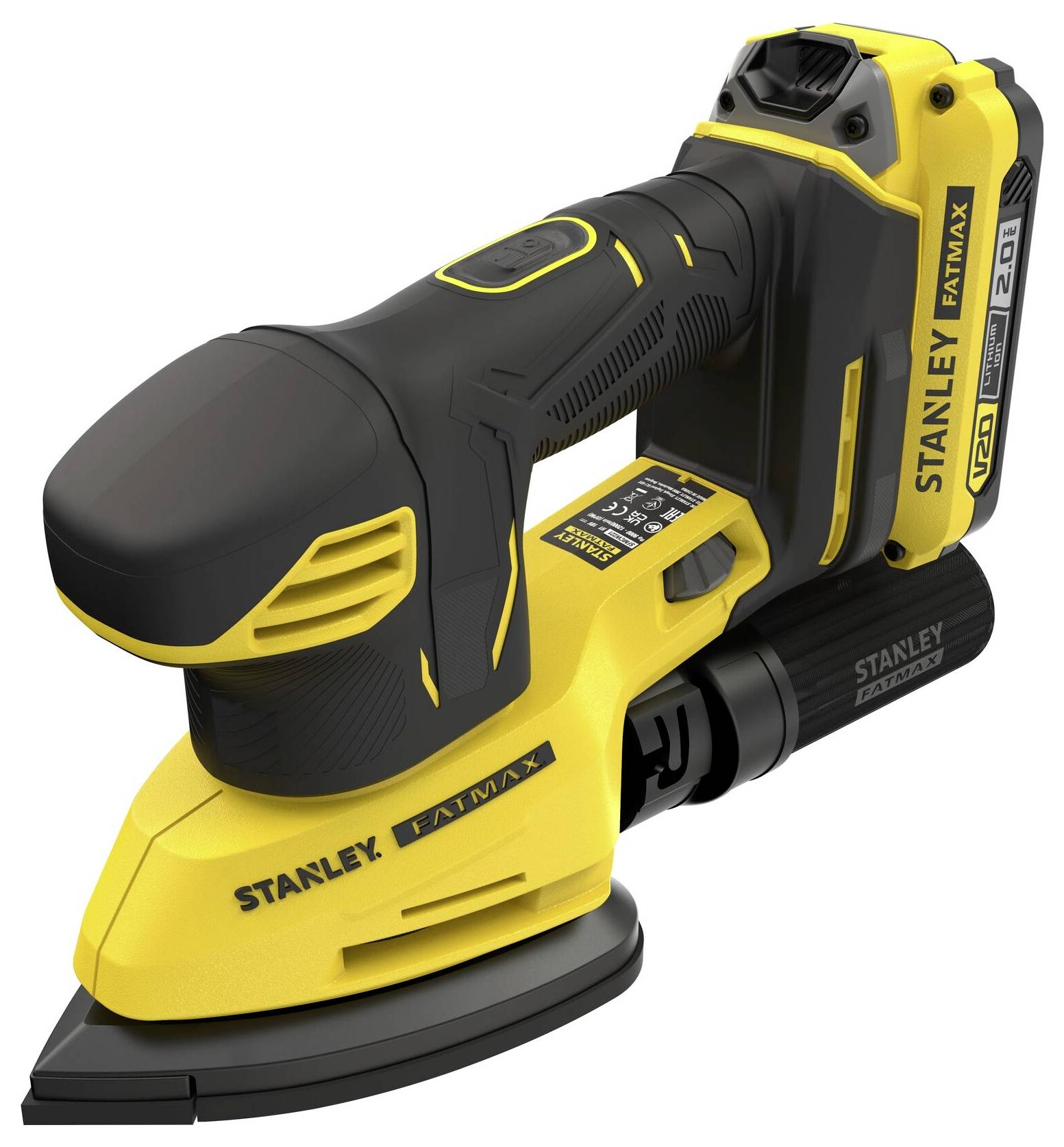 Ein gelb-schwarzer Stanley Fatmax Akku-Schleifer mit spitzer Schleifplatte. Er verfügt über ergonomische Griffe und ein Akkupack.