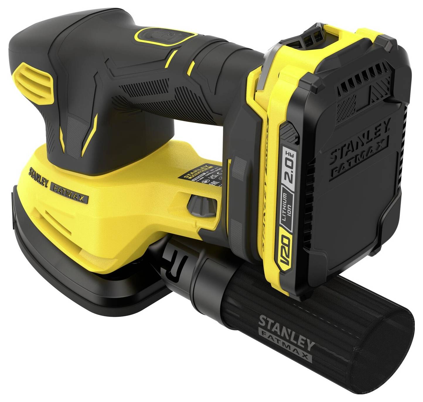 Ein kabelloses Schleifgerät in Gelb und Schwarz mit Lithium-Akku, mit ergonomischem Design und Griff, zum Glätten von Oberflächen in der Schreinerei.