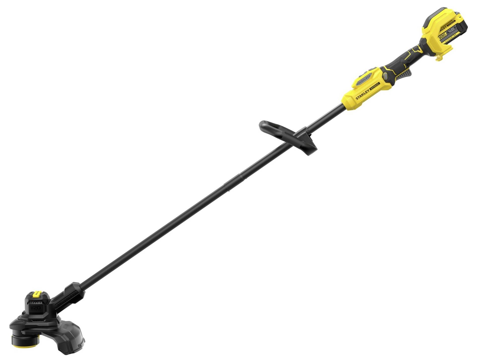 Ein gelber und schwarzer kabelloses Fadentrimmer mit verstellbarem Griff und angebrachtem Akku, konzipiert für Rasenpflege und Wartung.