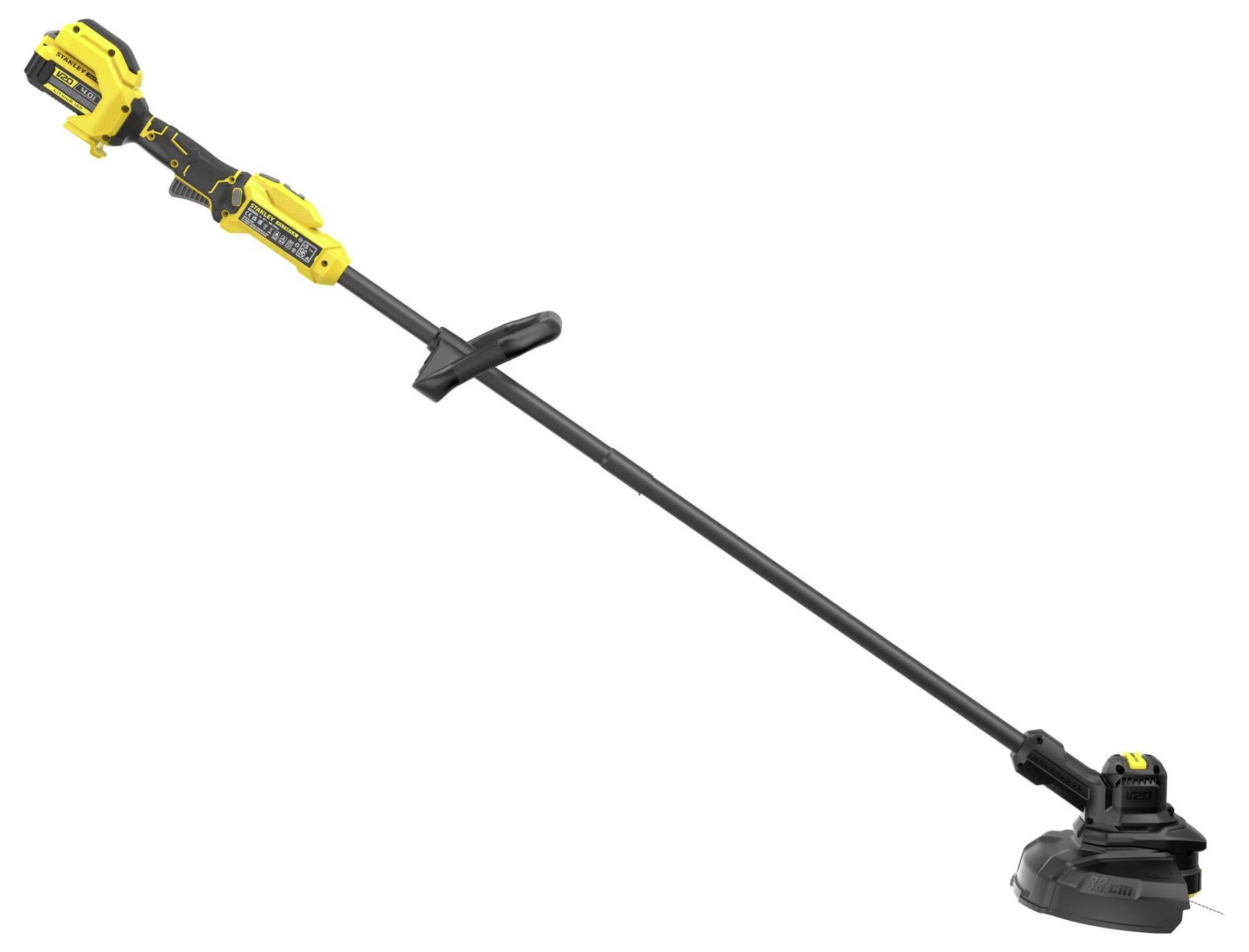 Ein gelb-schwarzer kabelloses Fadentrimmer mit verlängertem Griff und Schneidekopf, entwickelt für Rasen- und Gartenpflege.