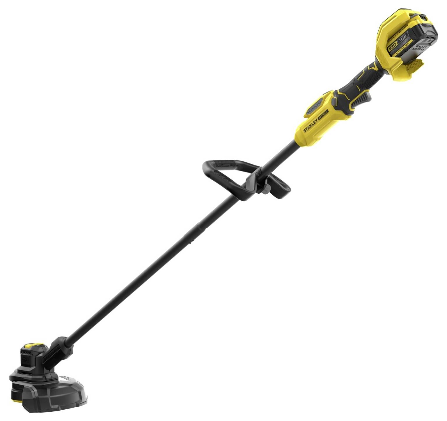 Ein gelb-schwarzer schnurloses Fadentrimmer mit verstellbarem Griff und Batteriefach oben, entwickelt zur Rasenpflege.