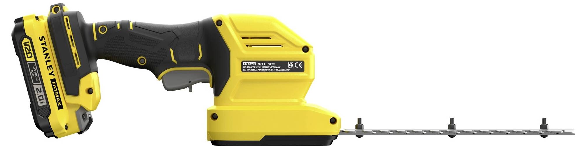 Ein gelbes und schwarzes kabelloses Elektrowerkzeug mit einem langen Blatt, das zum Schneiden von Hecken verwendet wird, verfügt über ein Akkupack mit der Aufschrift „Stanley 18V