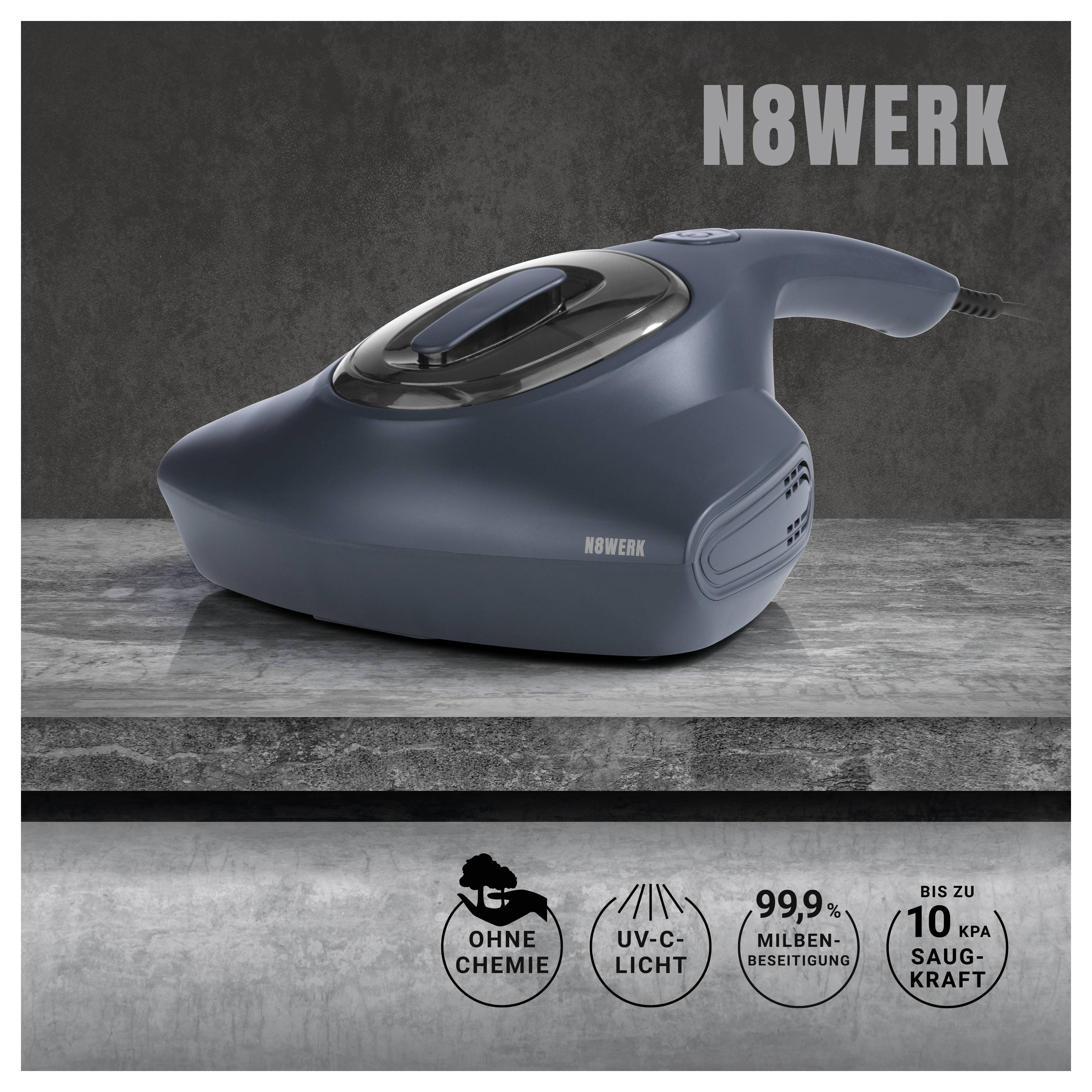 Ein grauer Staubsauger mit der Bezeichnung „N8WERK