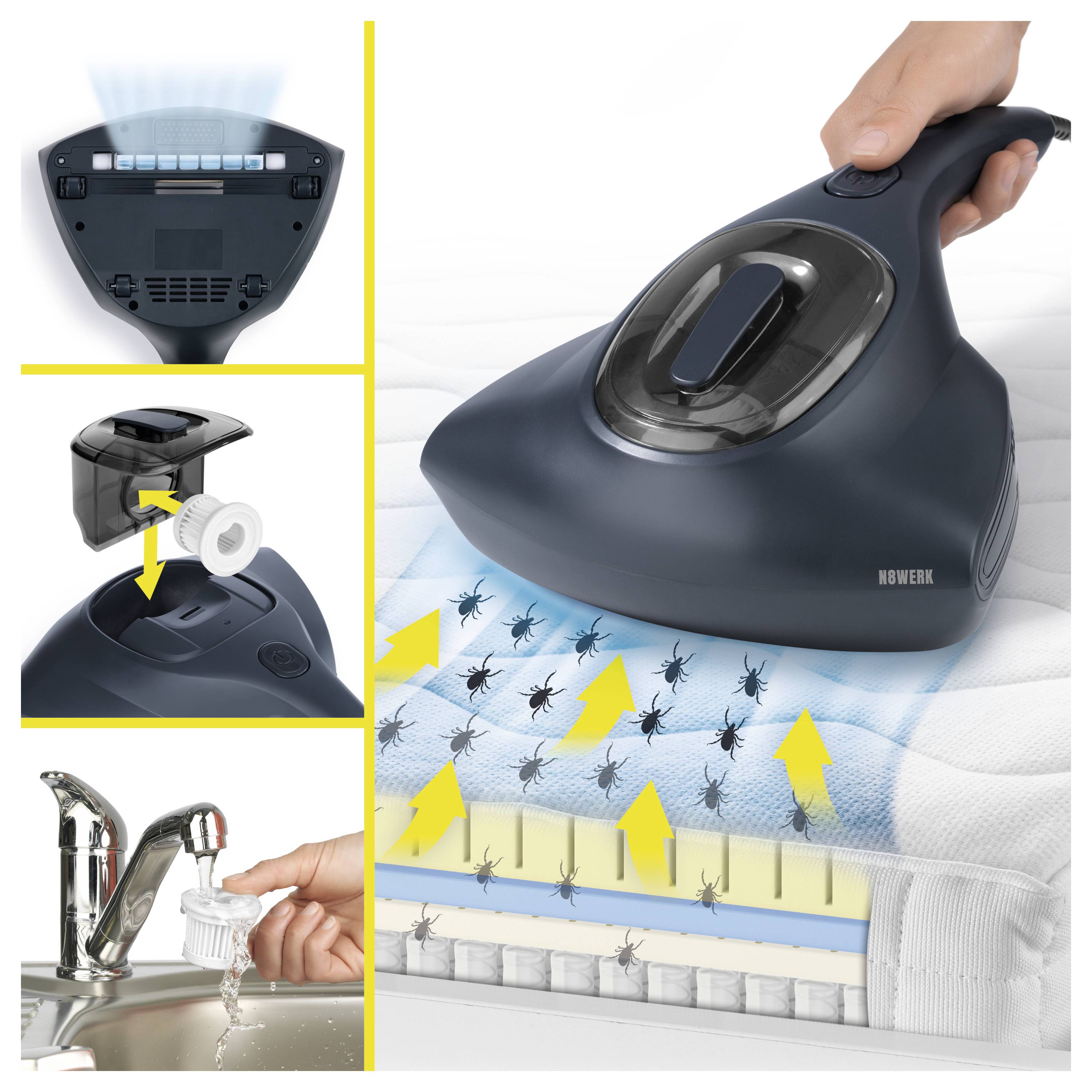 Ein tragbarer Staubsauger mit UV-Licht-Funktion, dargestellt in mehreren Feldern. Er bekämpft Hausstaubmilben auf einer Textilienfläche.