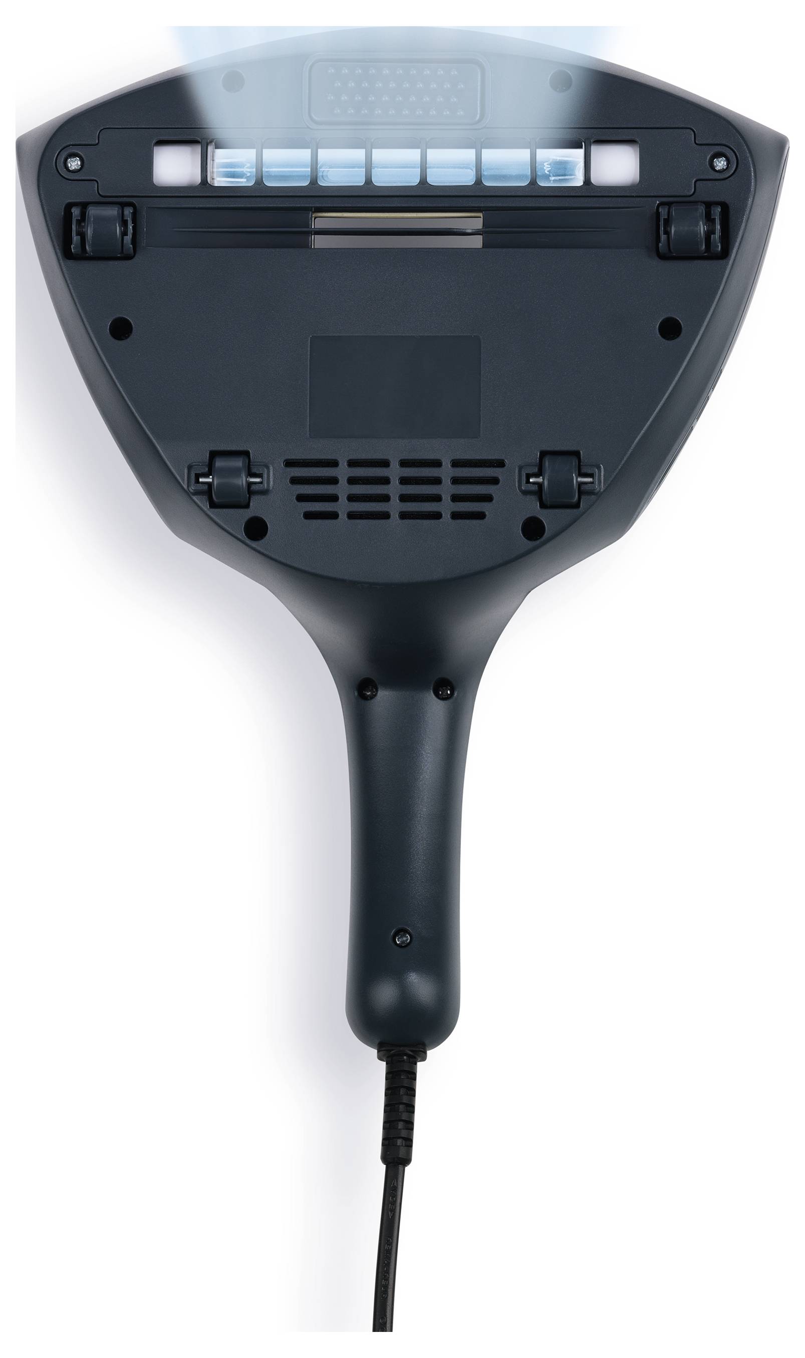 Tragbarer Kleiderdampfer in Schwarz, der Dampf von oben abgibt, mit sichtbarem Stromkabel, das sich vom Griff erstreckt, vor weißem Hintergrund.